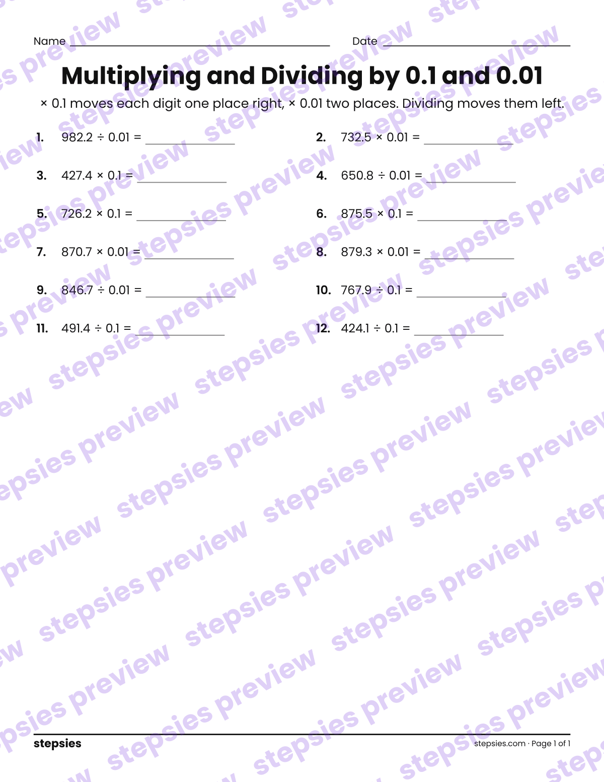 Multiplying and Dividing by 0.1 and 0.01: page 1 of a printable Grade 5 Math worksheet