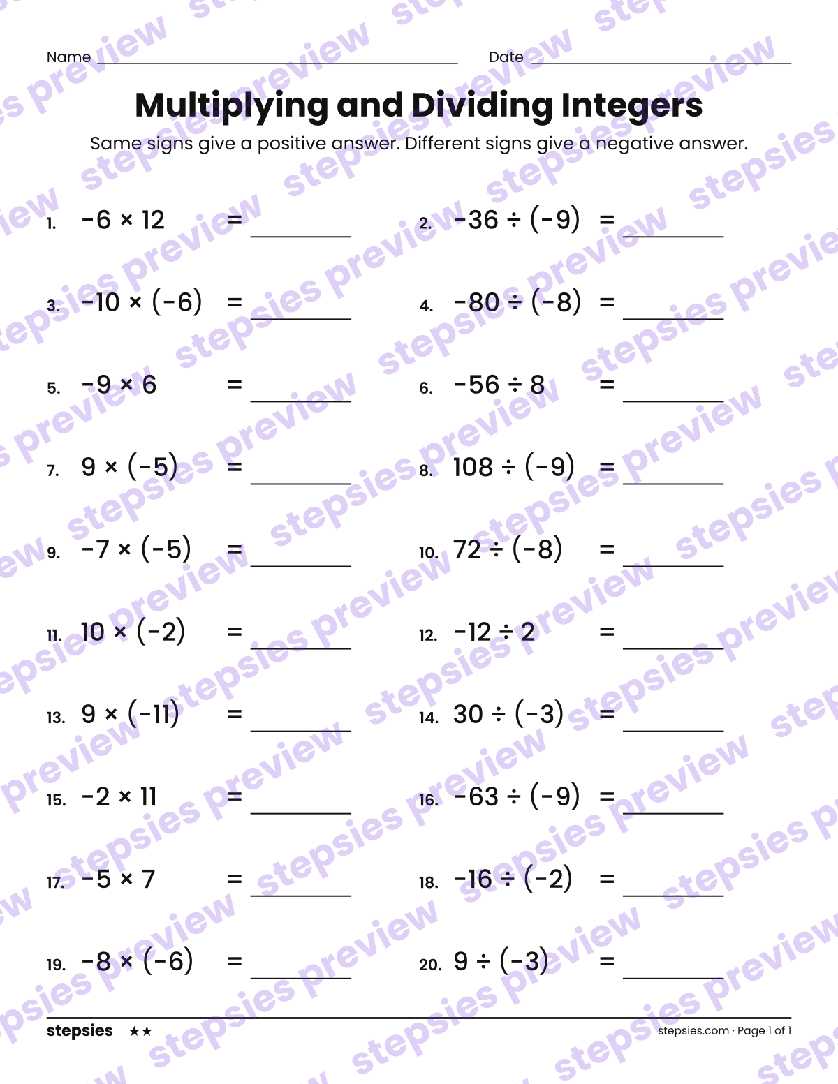 Multiplying and Dividing Integers: page 1 of a printable Grades 6 and 7 Math worksheet