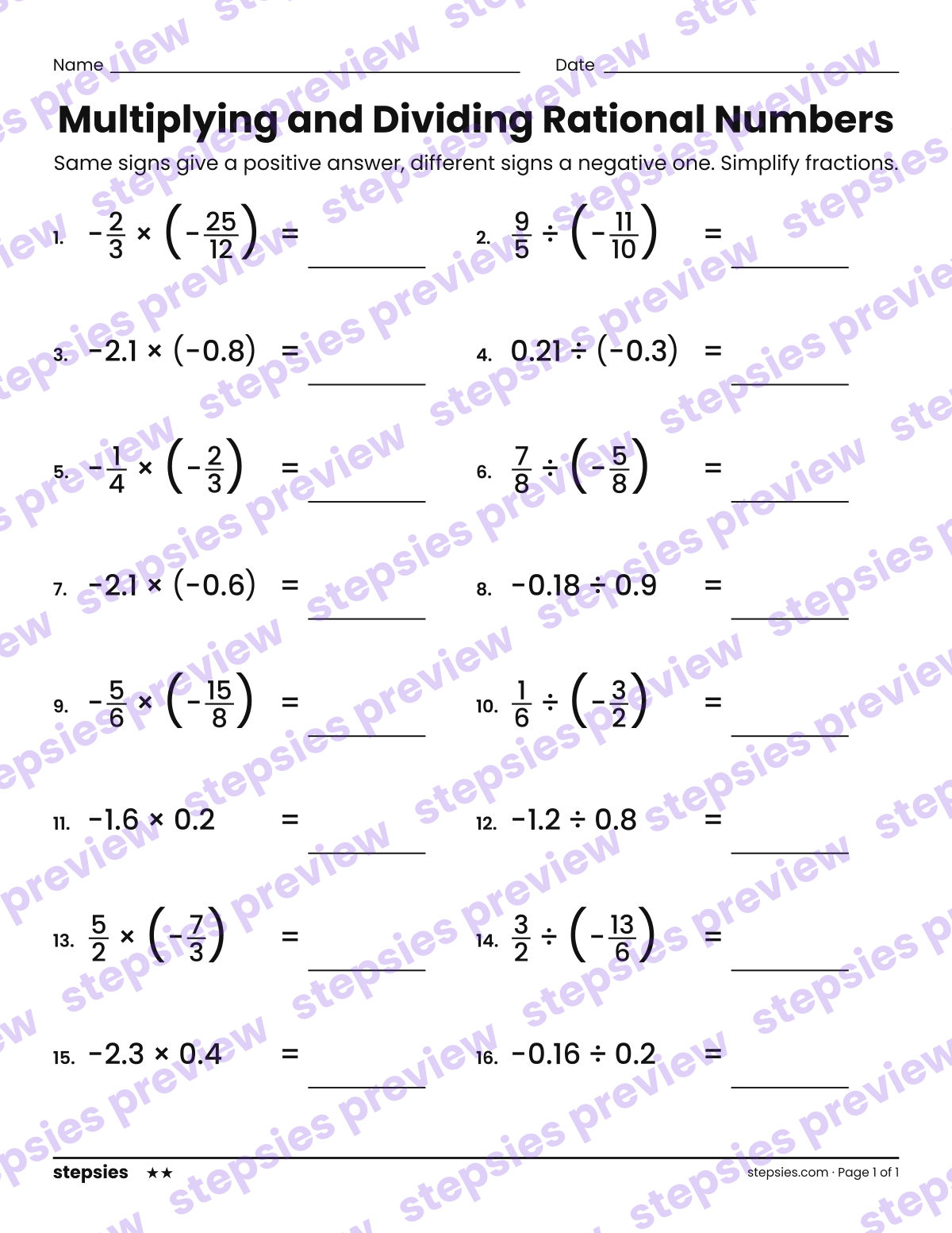 Multiplying and Dividing Rational Numbers: page 1 of a printable Grade 7 Math worksheet