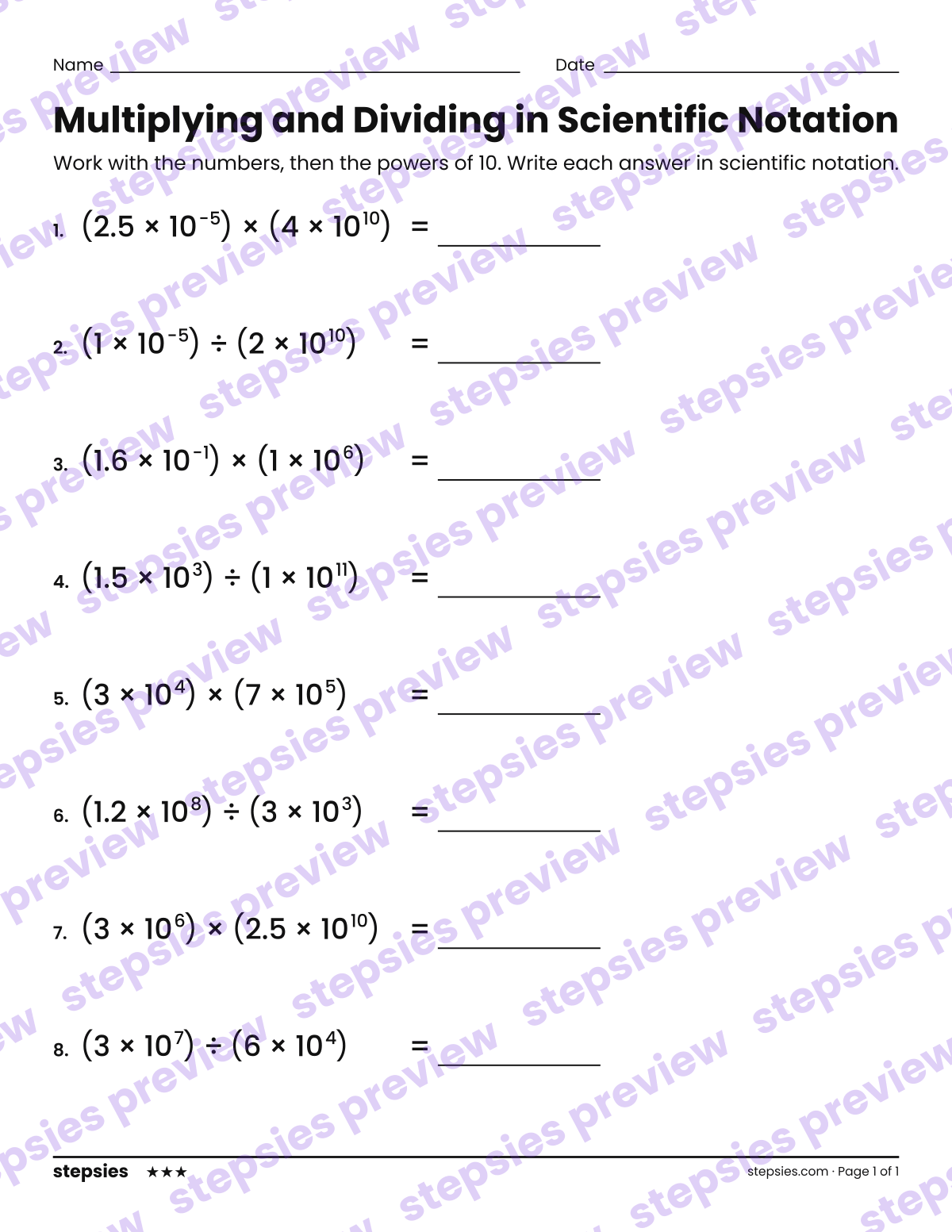Multiplying and Dividing in Scientific Notation: page 1 of a printable Grade 8 Math worksheet