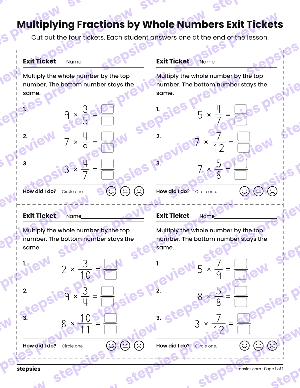 Multiplying Fractions by Whole Numbers Exit Tickets: page 1 of a printable Grades 4 and 5 Math worksheet