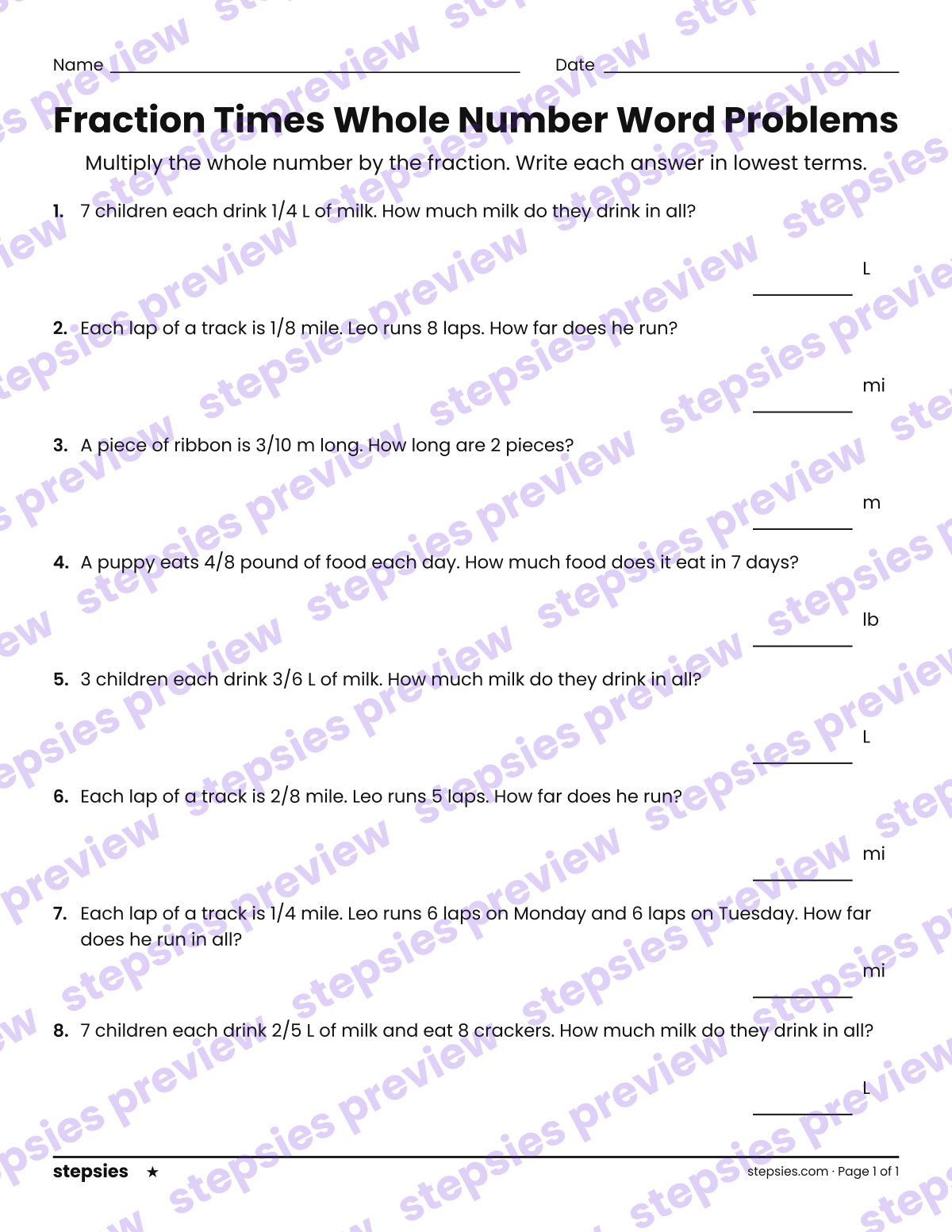 Fraction Times Whole Number Word Problems: page 1 of a printable Grade 4 Math worksheet