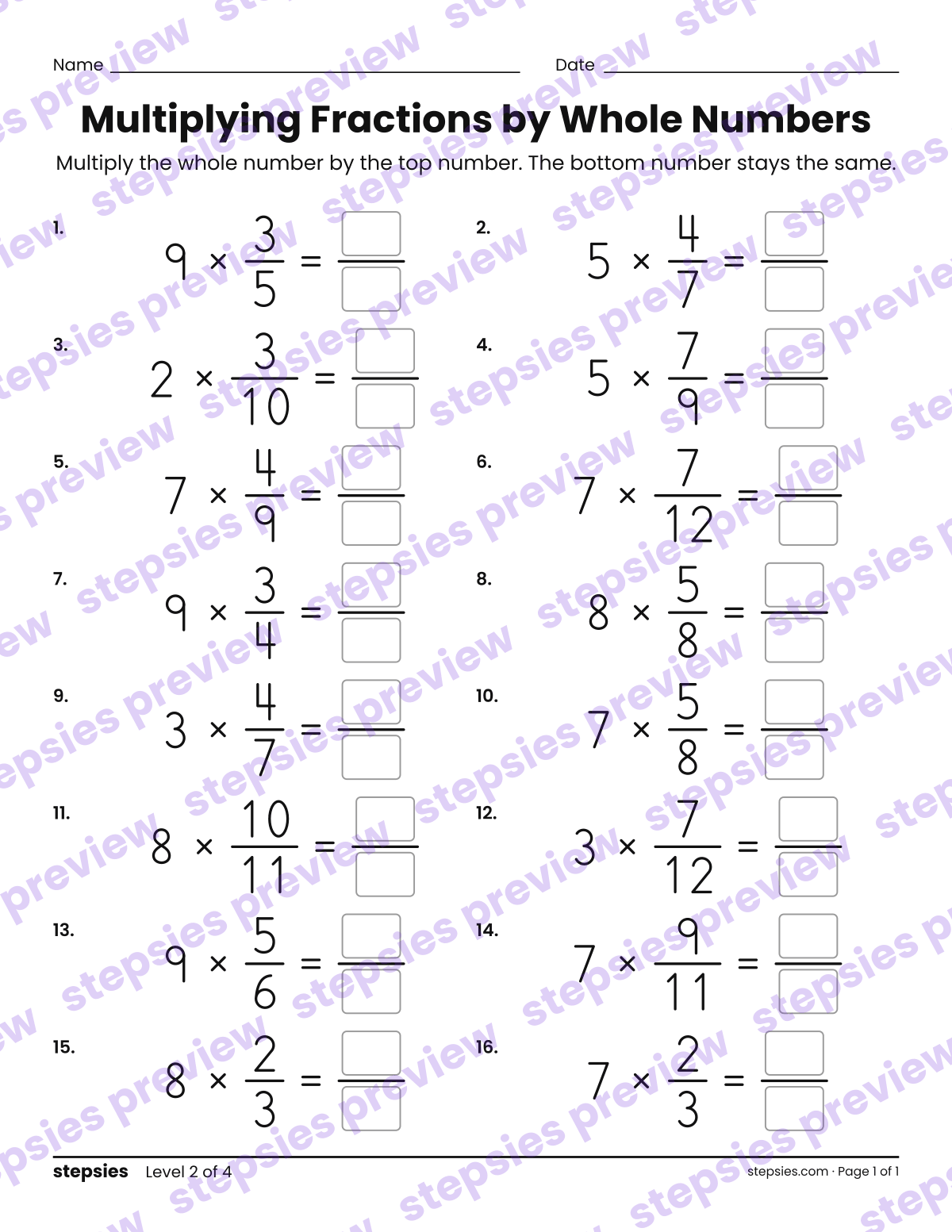Multiplying Fractions by Whole Numbers: page 1 of a printable Grades 4 and 5 Math worksheet