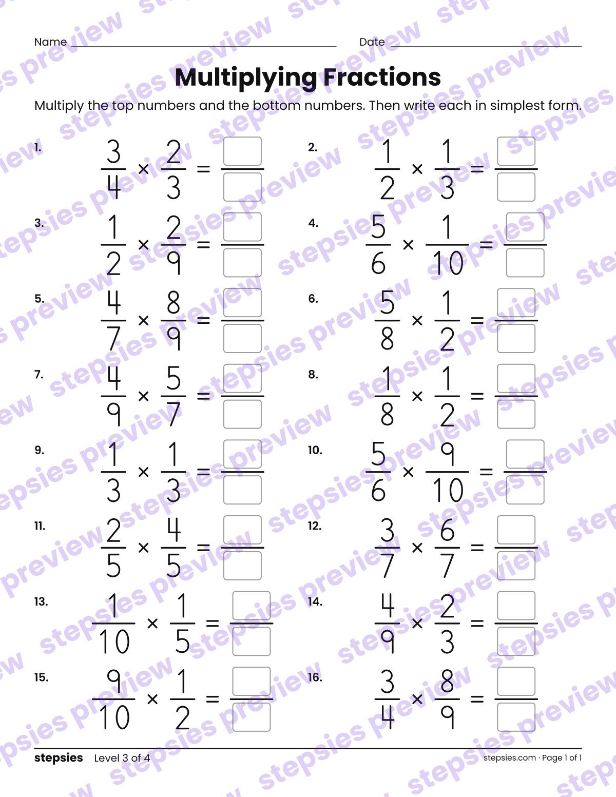 Multiplying Fractions: page 1 of a printable Grade 5 Math worksheet