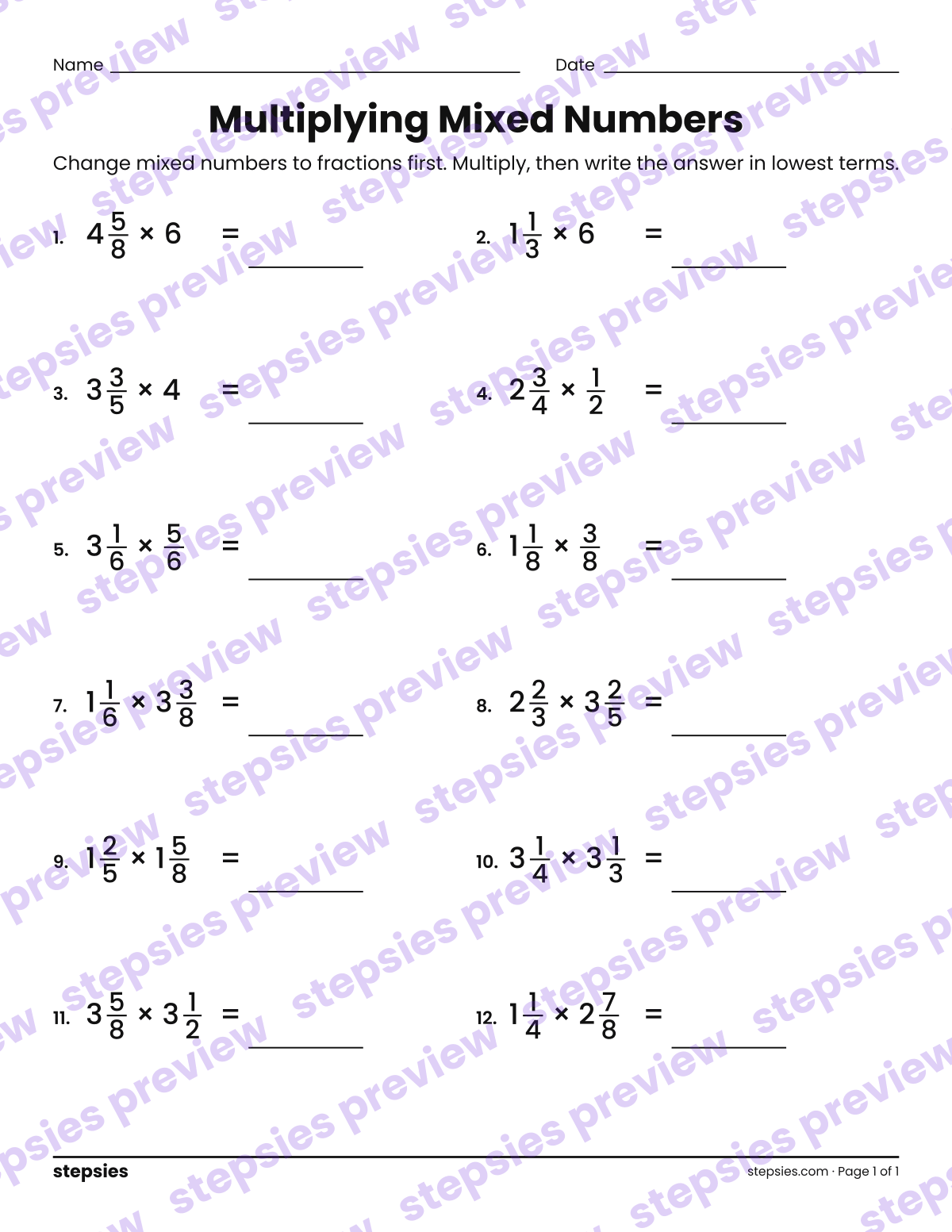Multiplying Mixed Numbers: page 1 of a printable Grade 5 Math worksheet