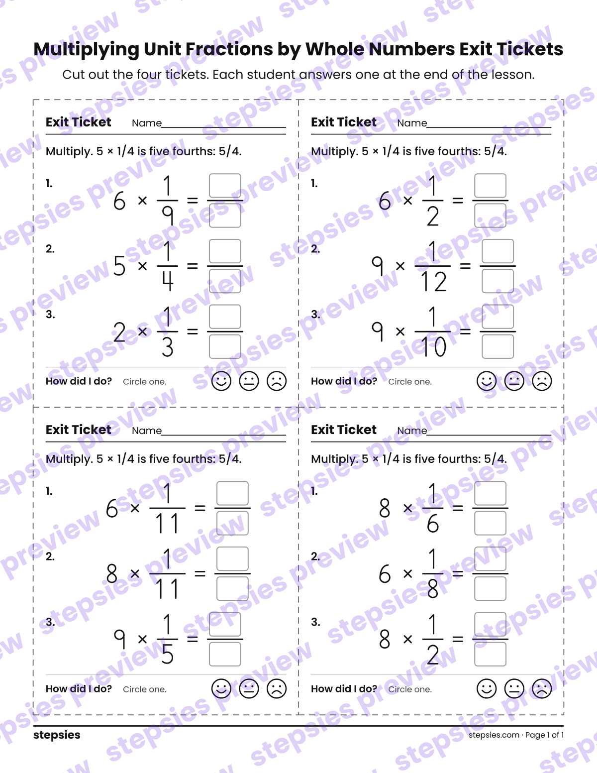 Multiplying Unit Fractions by Whole Numbers Exit Tickets: page 1 of a printable Grades 4 and 5 Math worksheet