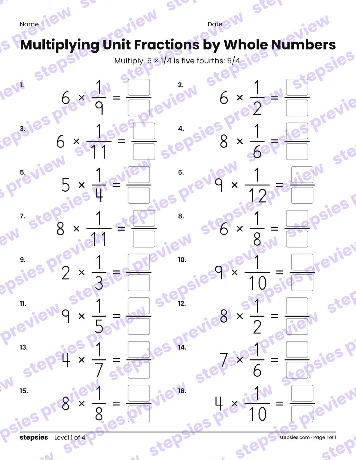 Multiplying Unit Fractions by Whole Numbers: page 1 of a printable Grades 4 and 5 Math worksheet