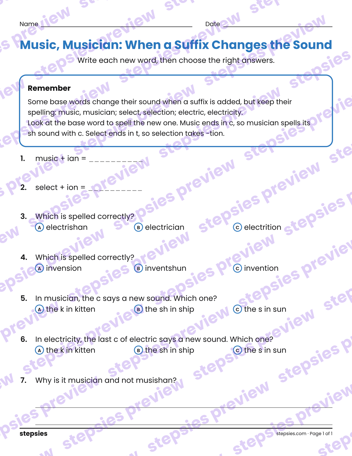 Music, Musician: When a Suffix Changes the Sound: page 1 of a printable Grade 5 Language worksheet