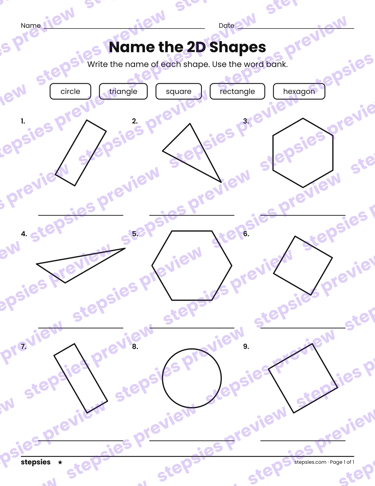 Name the 2D Shapes: page 1 of a printable Kindergarten and Grade 1 Math worksheet