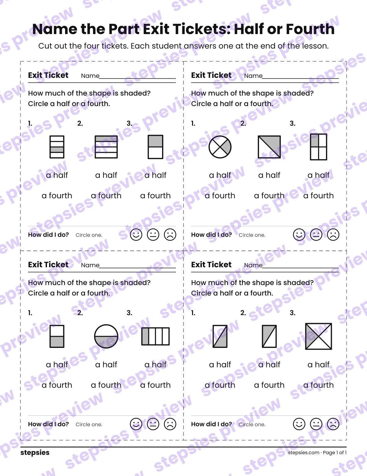 Name the Part Exit Tickets: Half or Fourth: page 1 of a printable Grade 1 Math worksheet