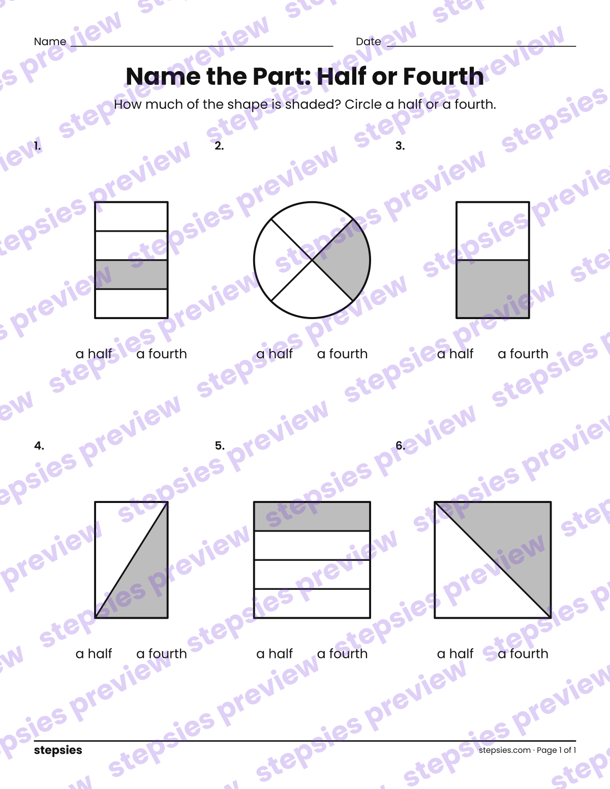 Name the Part: Half or Fourth: page 1 of a printable Grade 1 Math worksheet