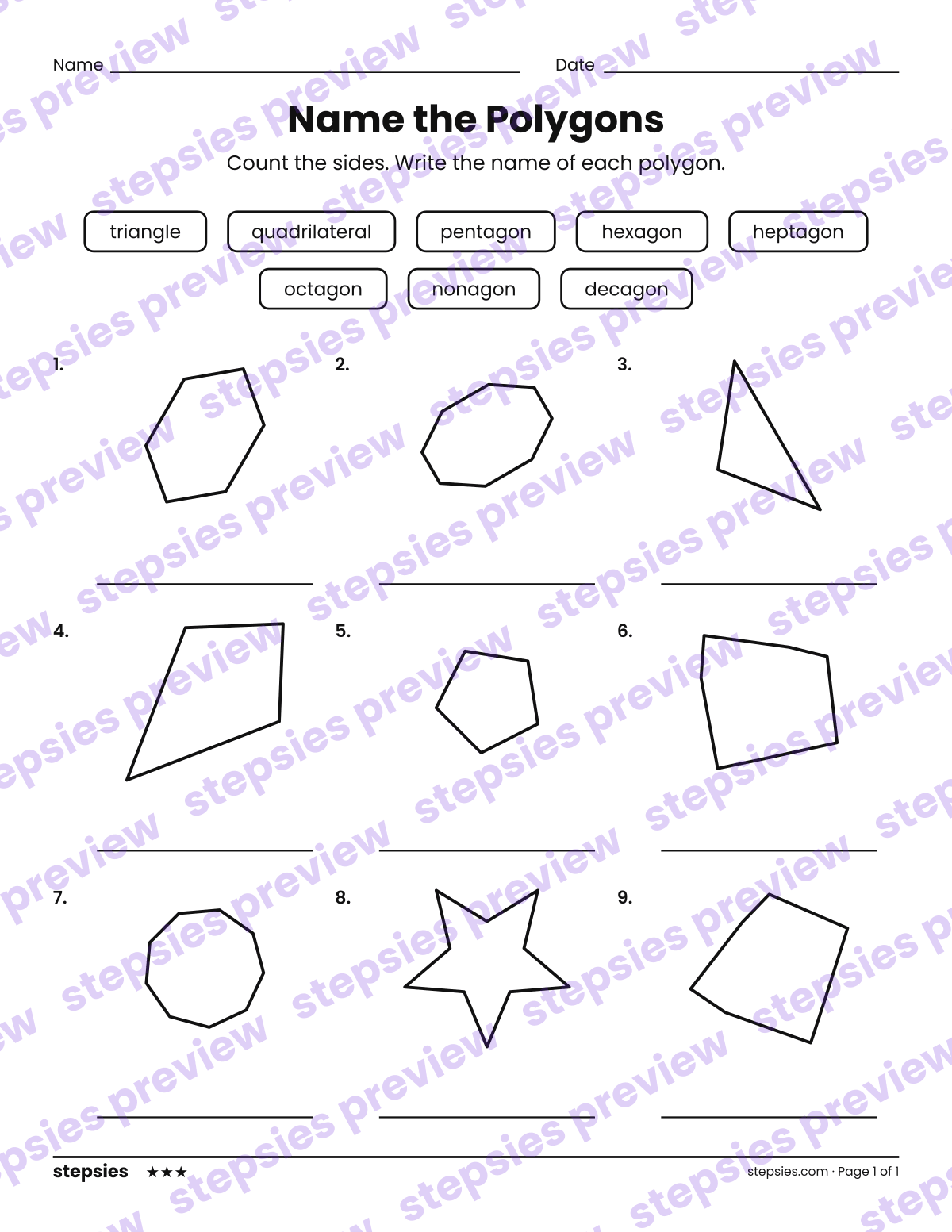 Name the Polygons: page 1 of a printable Grades 2 and 3 Math worksheet