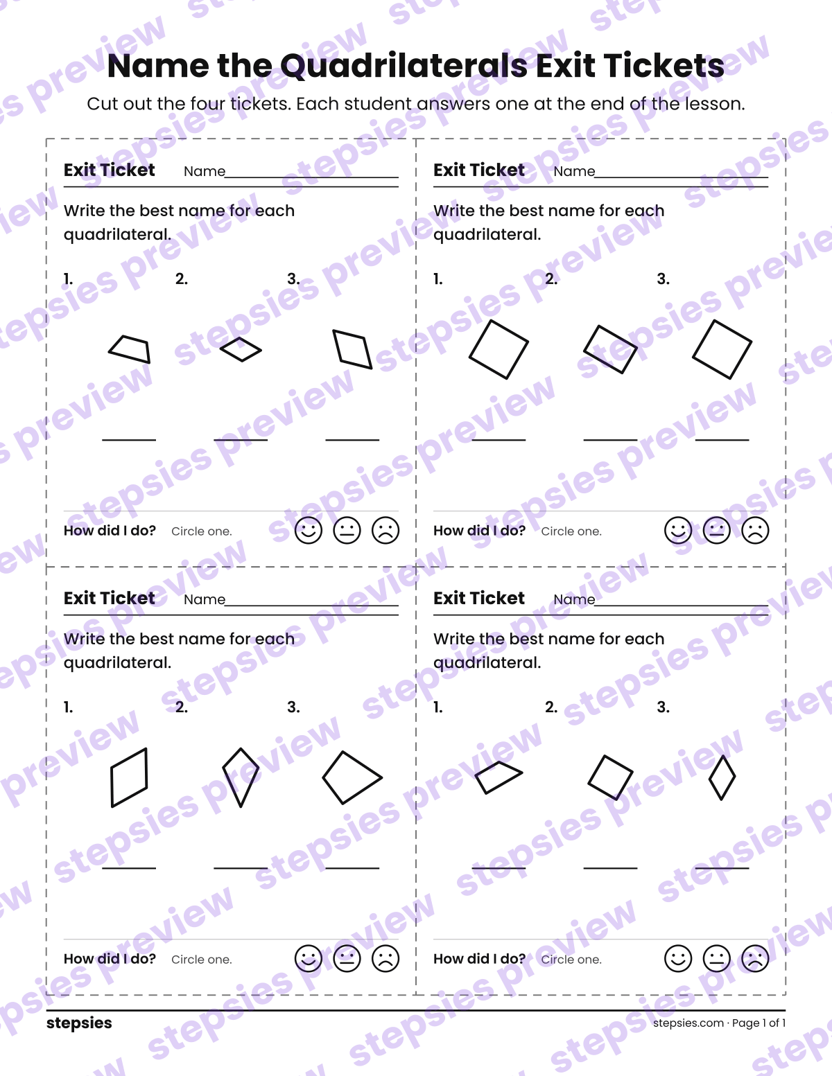 Name the Quadrilaterals Exit Tickets: page 1 of a printable Grade 3 Math worksheet