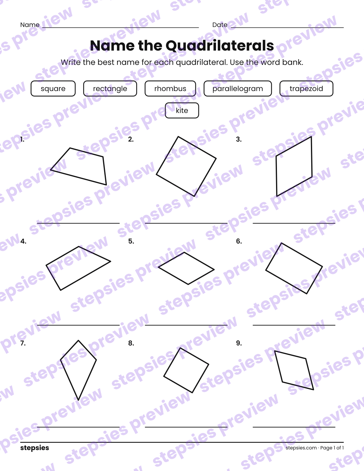 Name the Quadrilaterals: page 1 of a printable Grade 3 Math worksheet