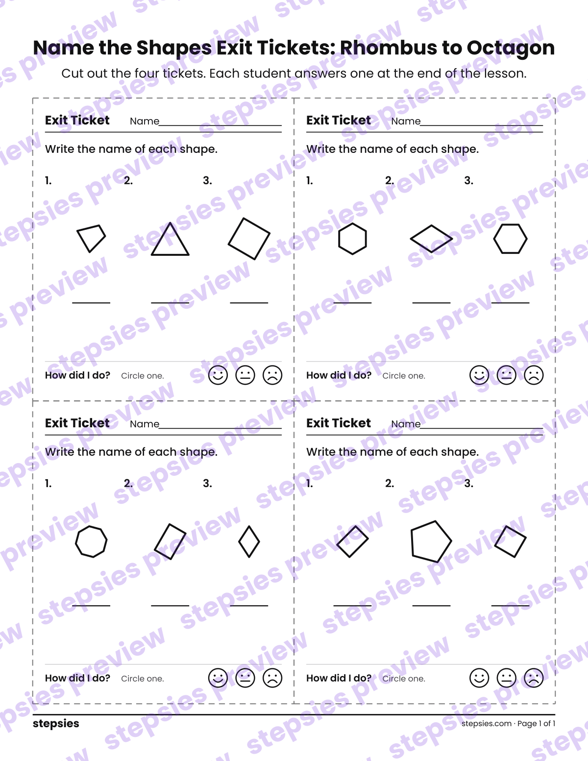 Name the Shapes Exit Tickets: Rhombus to Octagon: page 1 of a printable Grades 1 and 2 Math worksheet