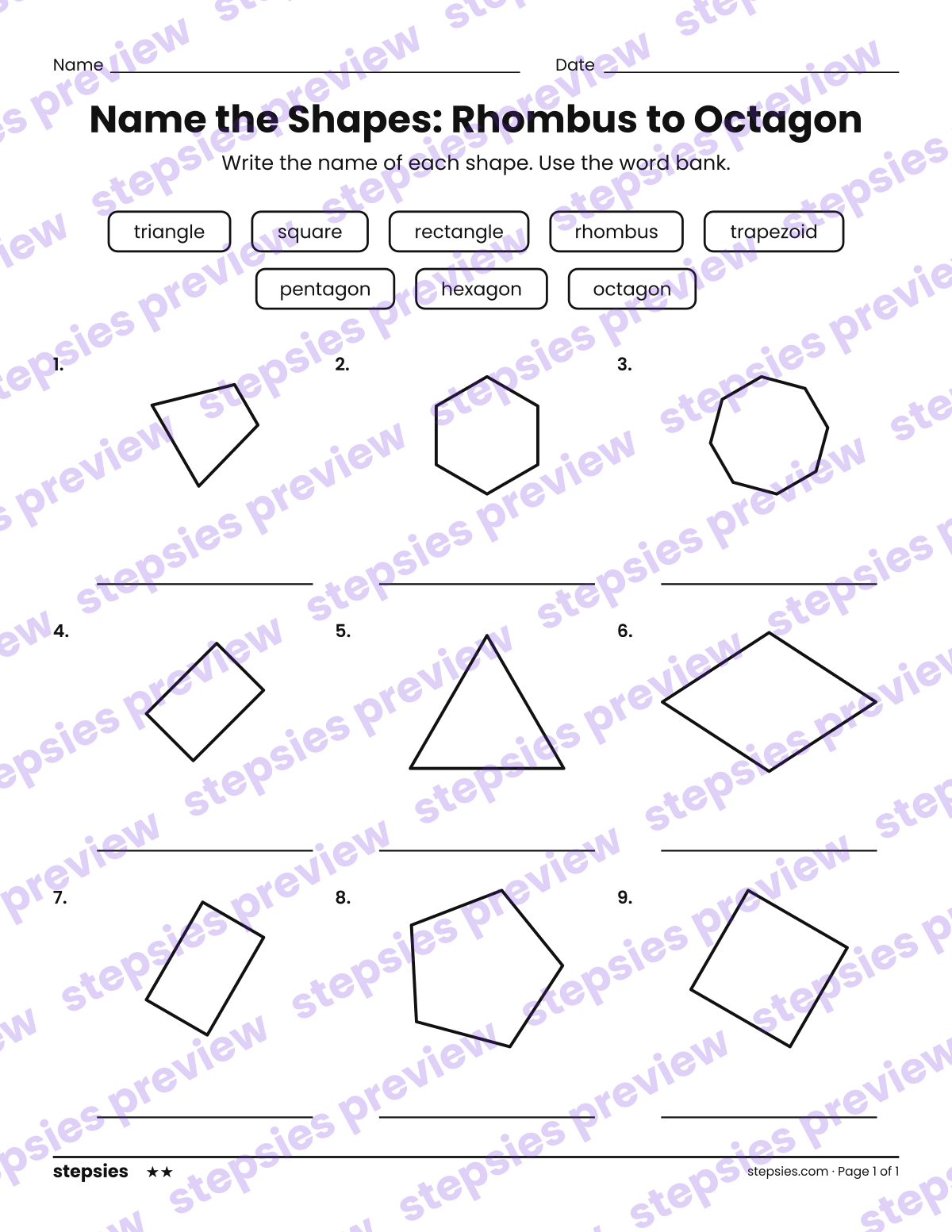 Name the Shapes: Rhombus to Octagon: page 1 of a printable Grades 1 and 2 Math worksheet