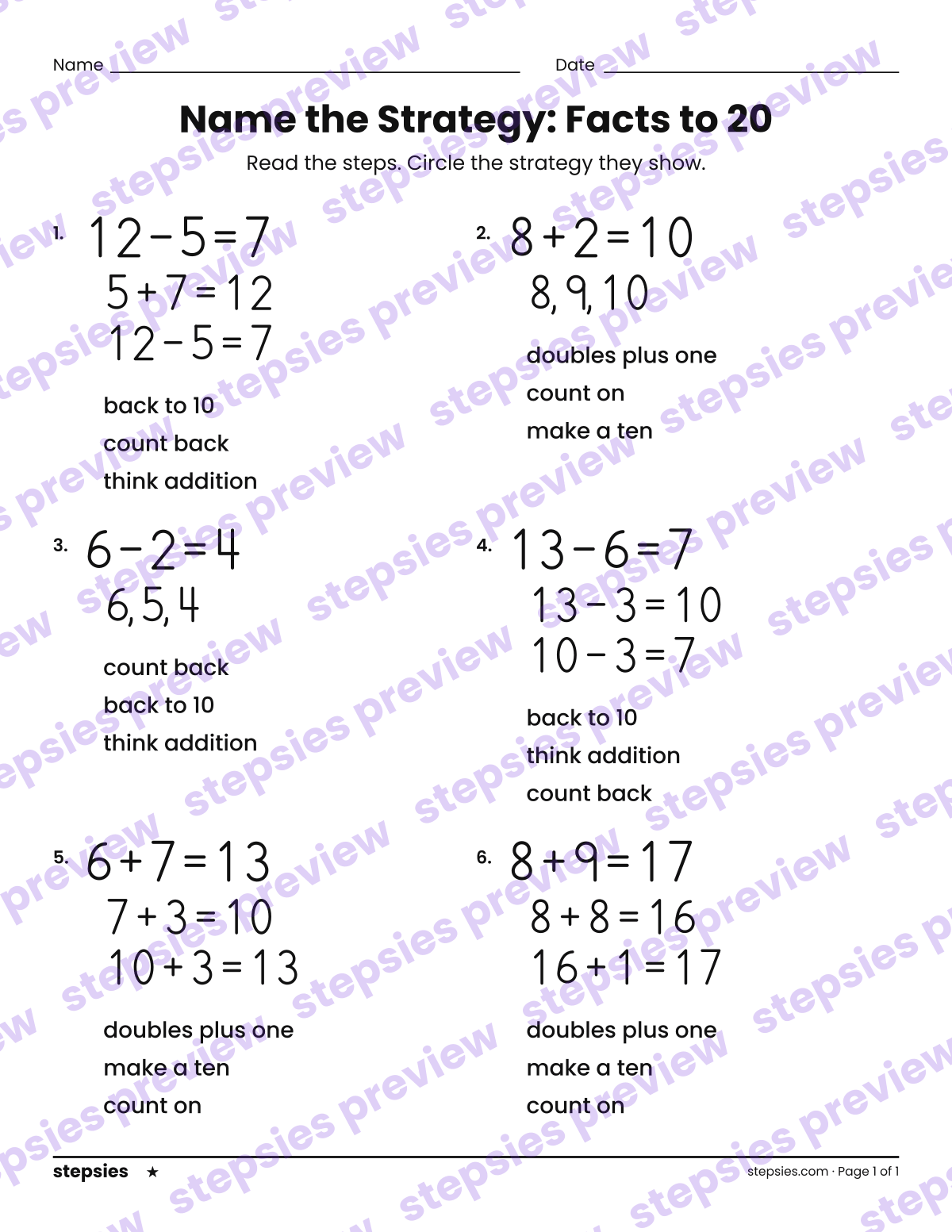 Name the Strategy: Facts to 20: page 1 of a printable Grade 1 Math worksheet