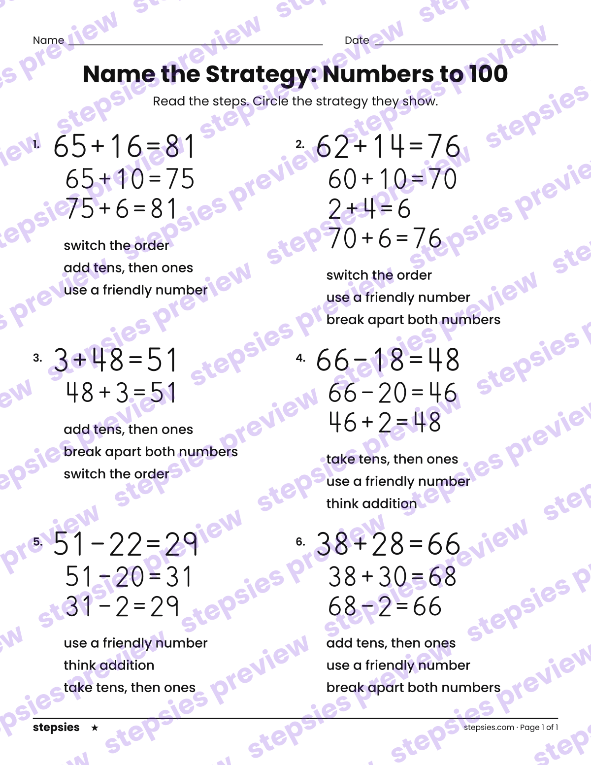 Name the Strategy: Numbers to 100: page 1 of a printable Grade 2 Math worksheet