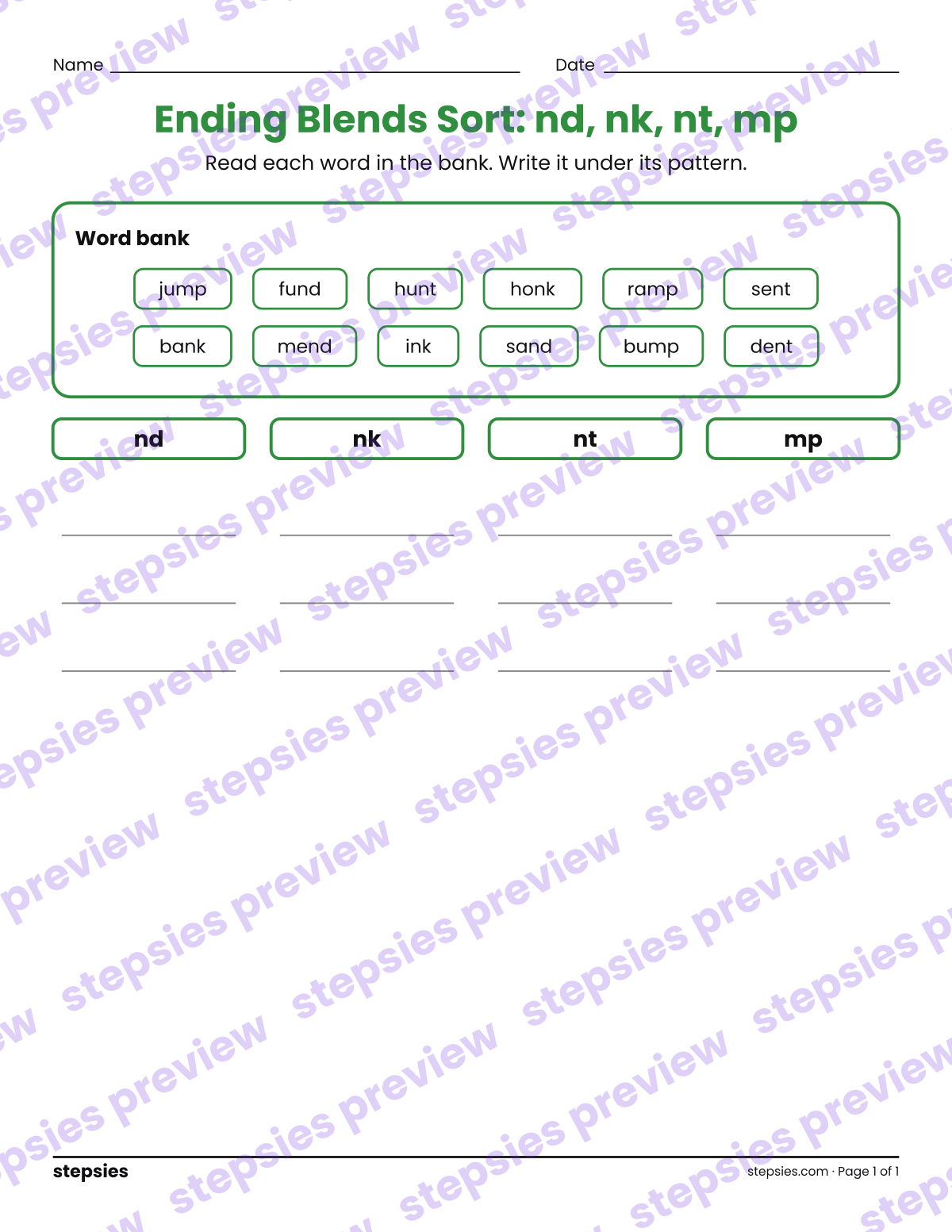 Ending Blends Sort: nd, nk, nt, mp: page 1 of a printable Kindergarten and Grade 1 Language worksheet
