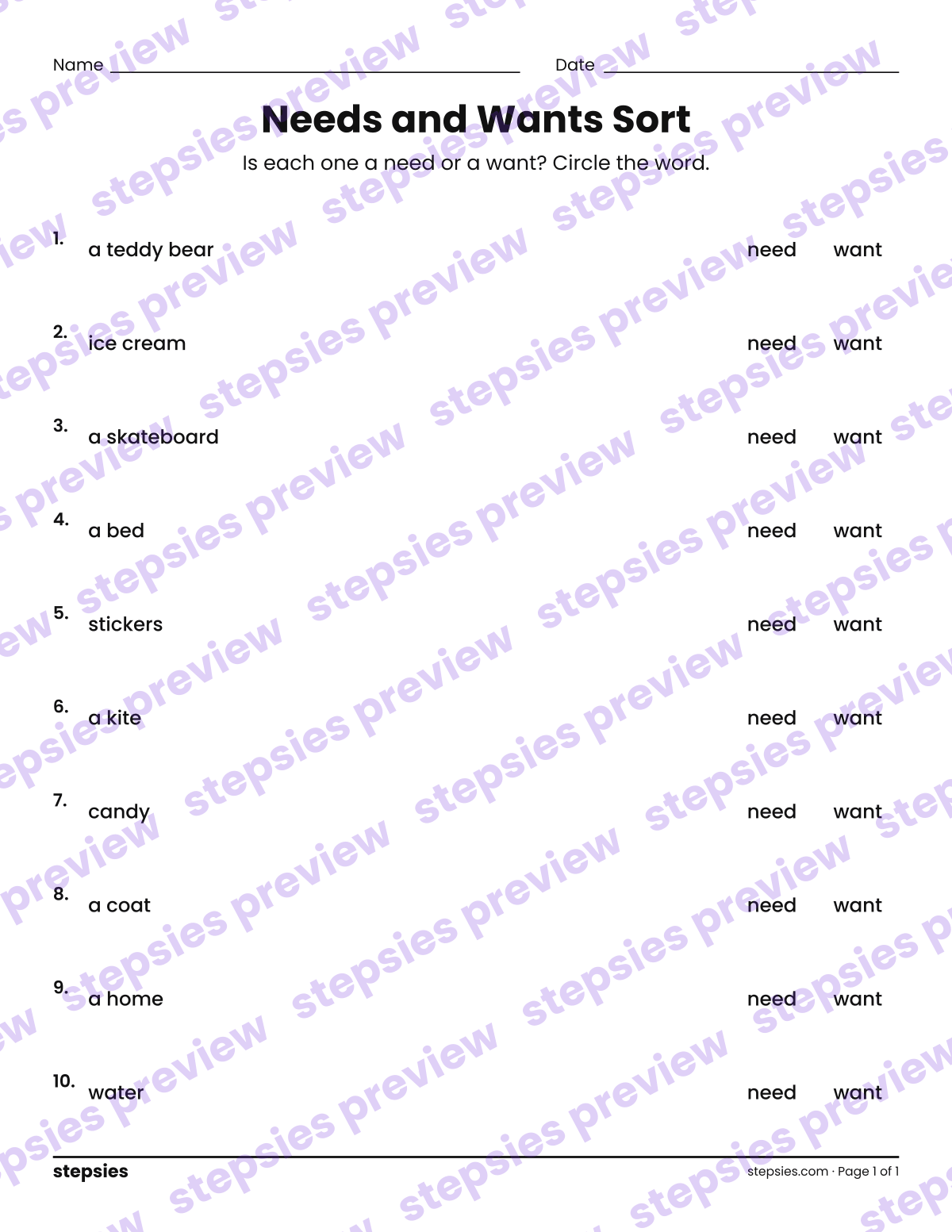 Needs and Wants Sort: page 1 of a printable Grades 1 and 2 Math worksheet