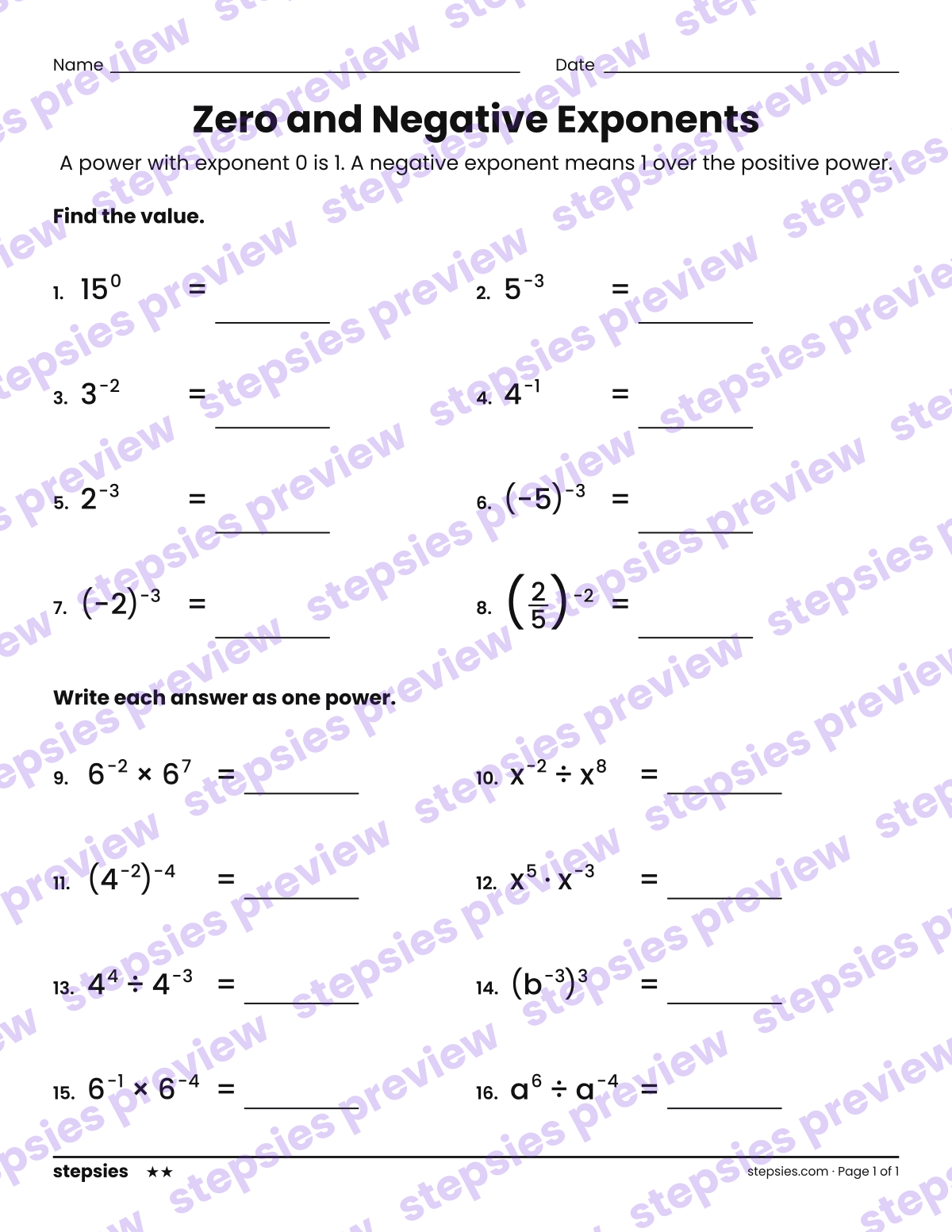 Zero and Negative Exponents: page 1 of a printable Grade 8 Math worksheet