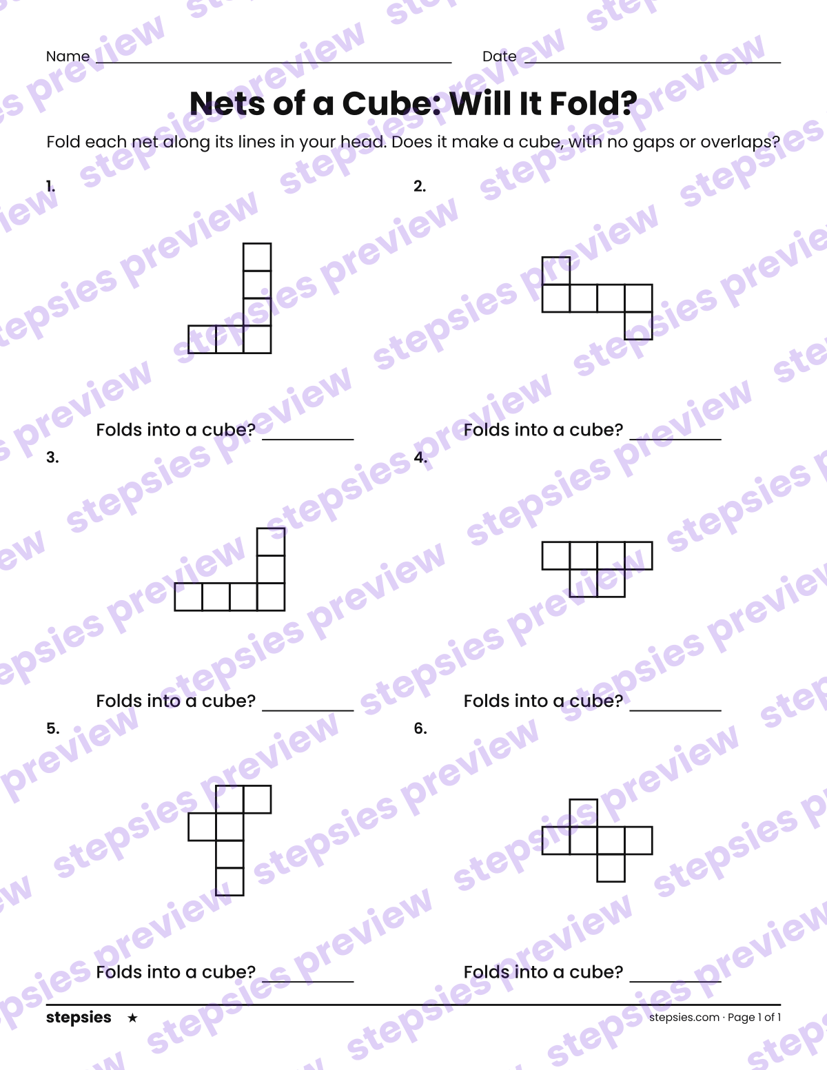 Nets of a Cube: Will It Fold?: page 1 of a printable Grade 6 Math worksheet
