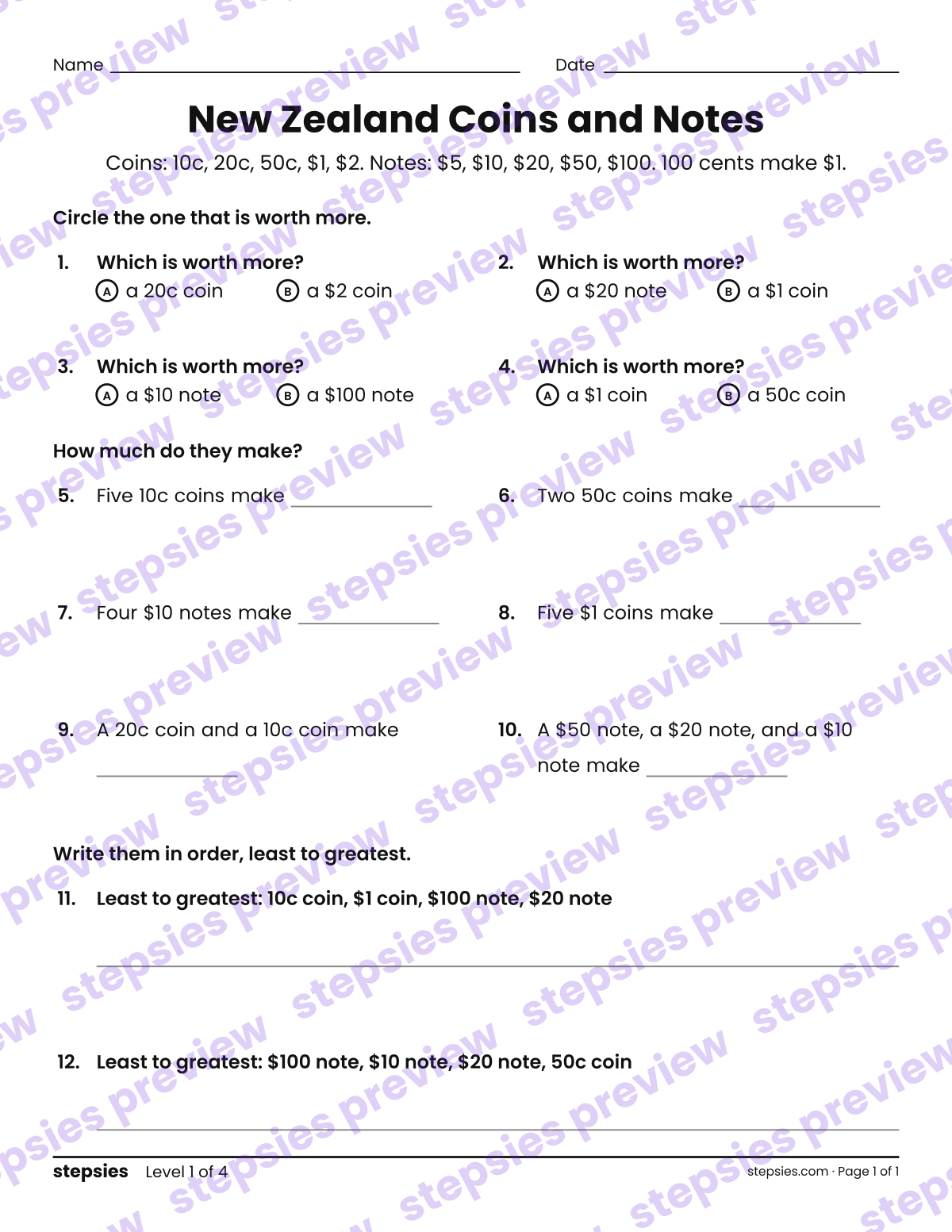 New Zealand Coins and Notes: page 1 of a printable Grade 1 Math worksheet