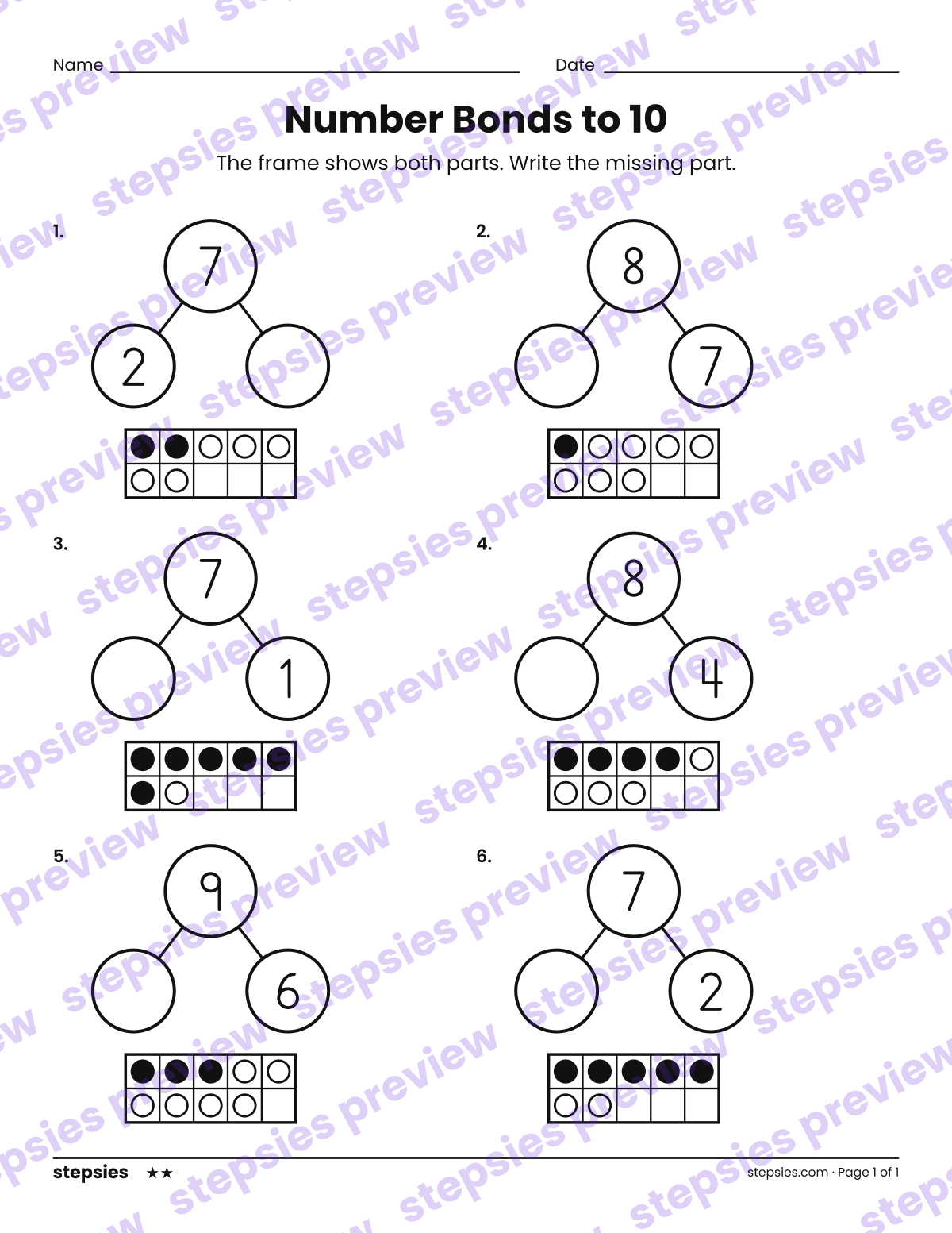 Number Bonds to 10: page 1 of a printable Kindergarten and Grade 1 Math worksheet