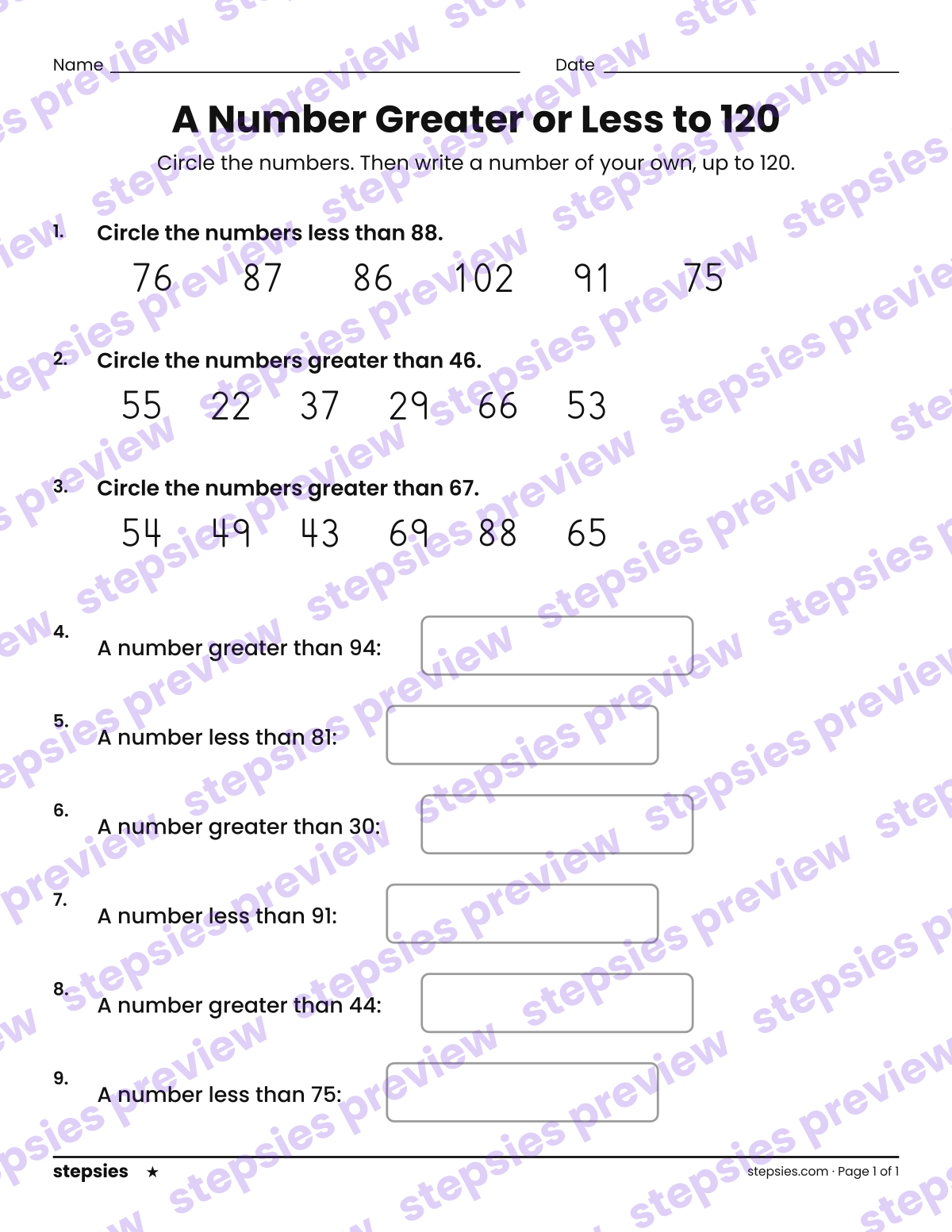 A Number Greater or Less to 120: page 1 of a printable Grade 1 Math worksheet