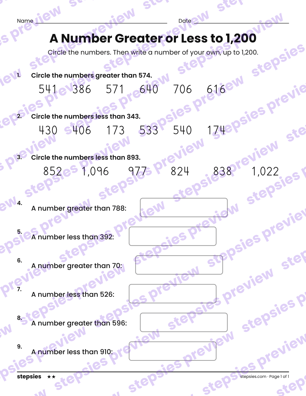 A Number Greater or Less to 1,200: page 1 of a printable Grade 2 Math worksheet