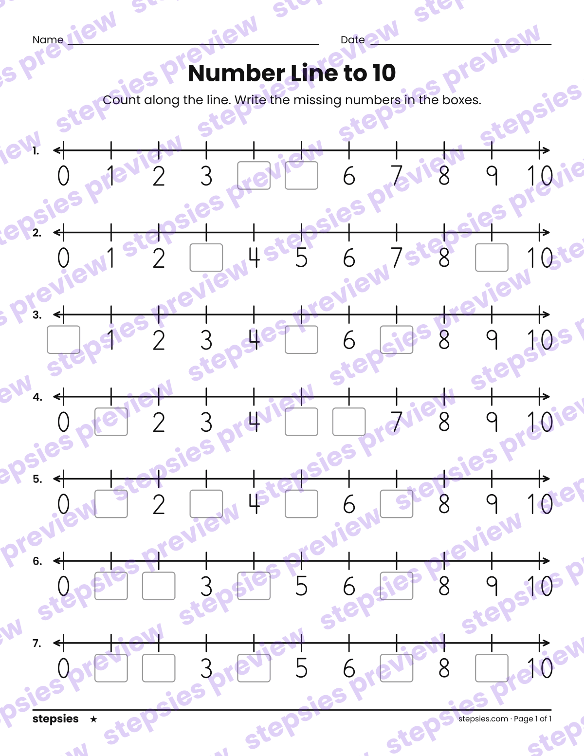 Number Line to 10: page 1 of a printable Kindergarten Math worksheet