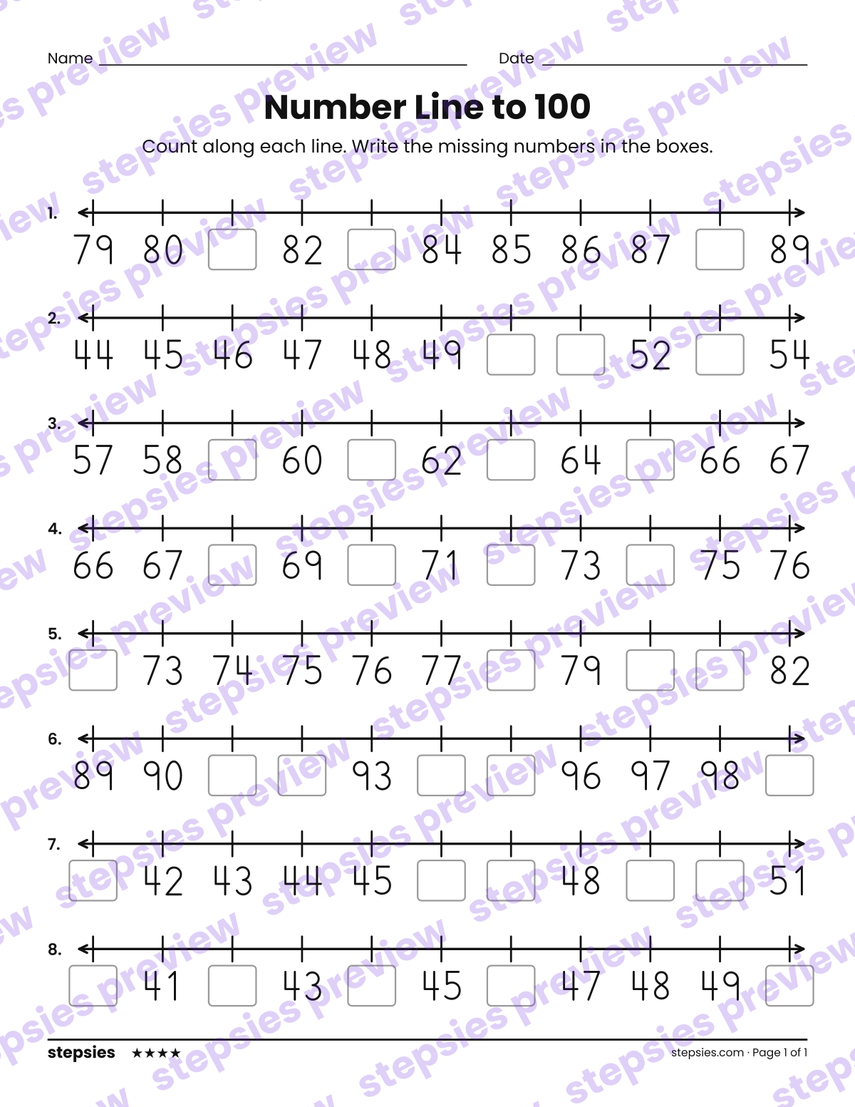 Number Line to 100: page 1 of a printable Grade 1 Math worksheet