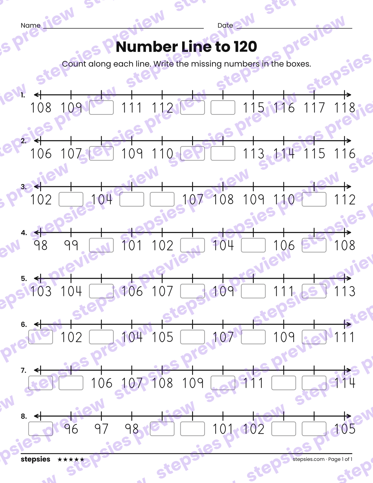 Number Line to 120: page 1 of a printable Grades 1 and 2 Math worksheet