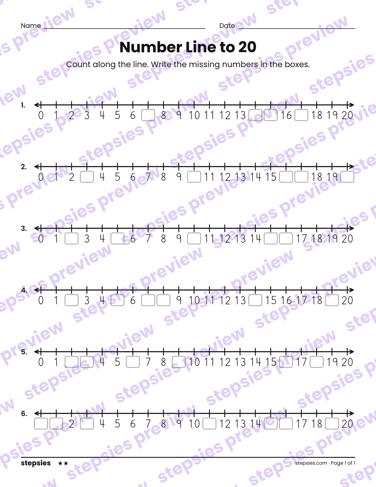 Number Line to 20: page 1 of a printable Kindergarten and Grade 1 Math worksheet