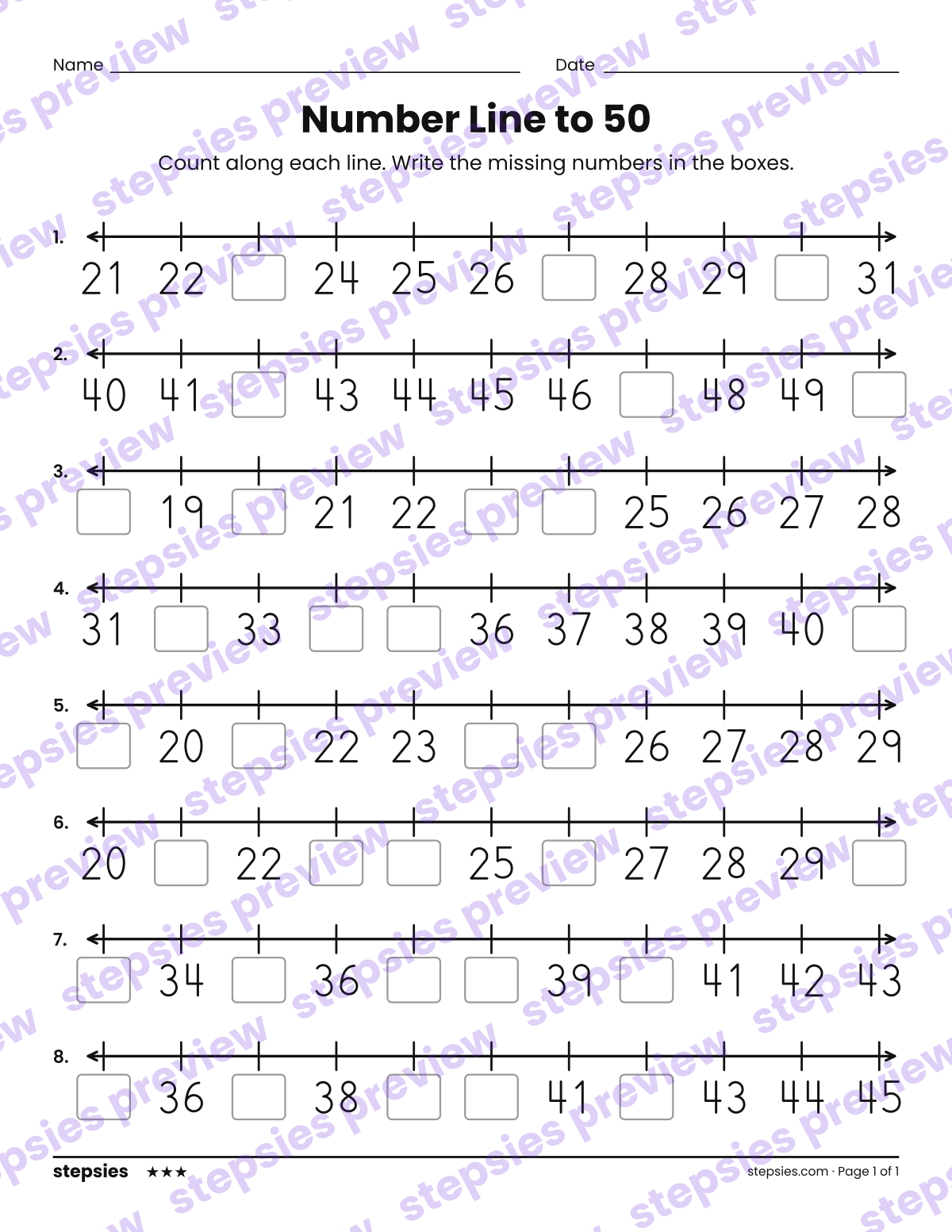 Number Line to 50: page 1 of a printable Grade 1 Math worksheet