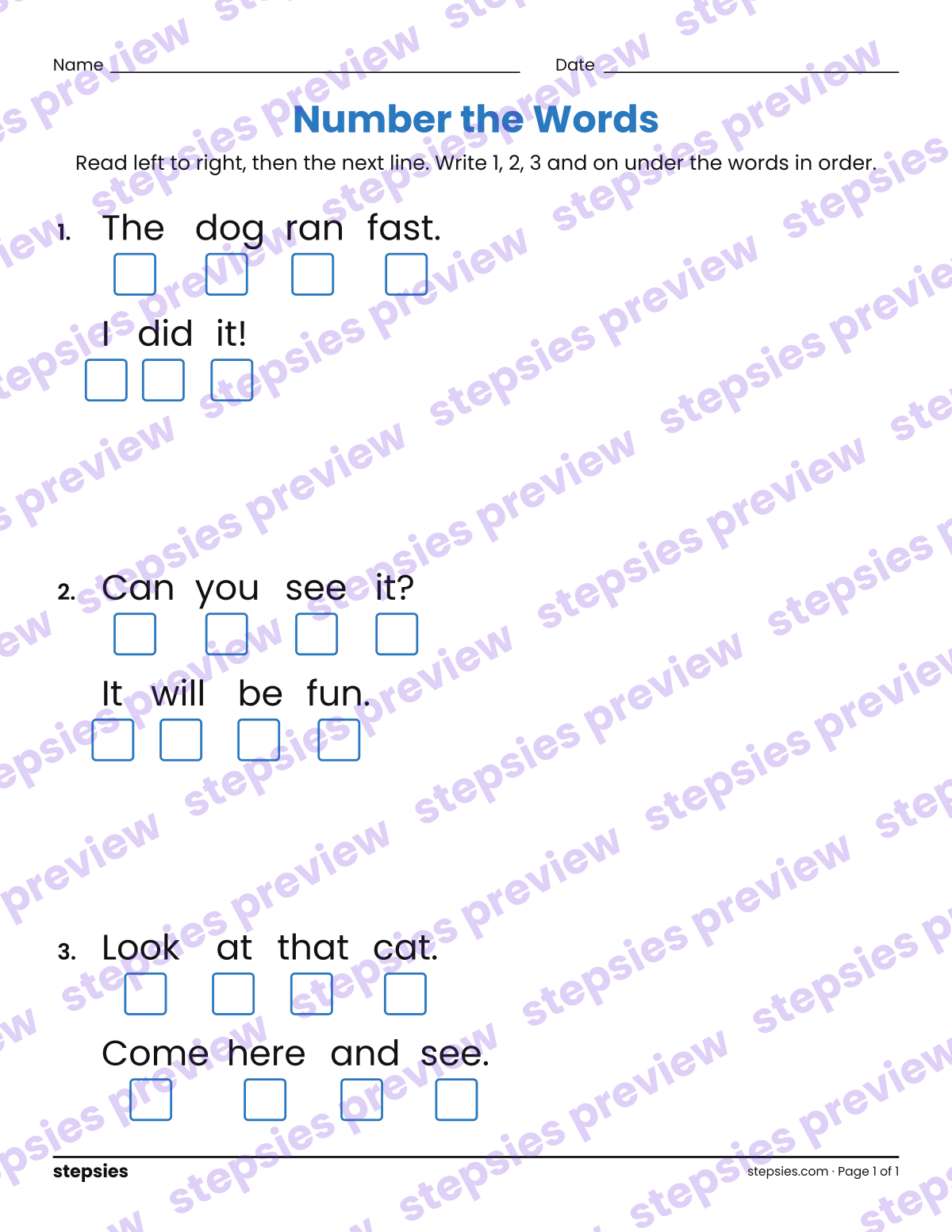 Number the Words: Left to Right, Top to Bottom: page 1 of a printable Kindergarten Language worksheet
