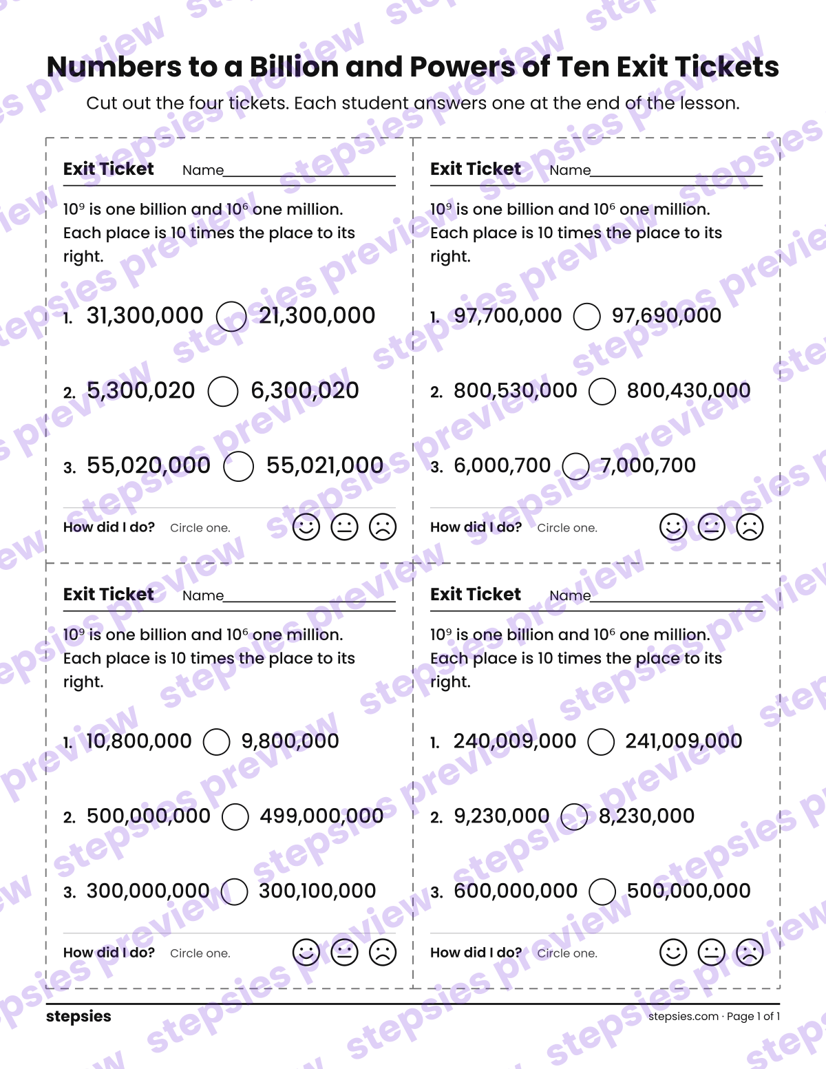 Numbers to a Billion and Powers of Ten Exit Tickets: page 1 of a printable Grade 7 Math worksheet