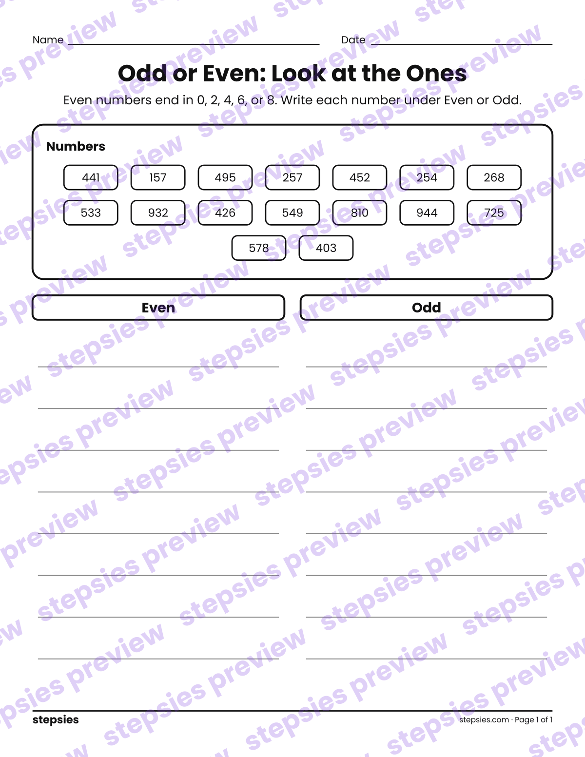 Odd or Even: Look at the Ones: page 1 of a printable Grade 3 Math worksheet