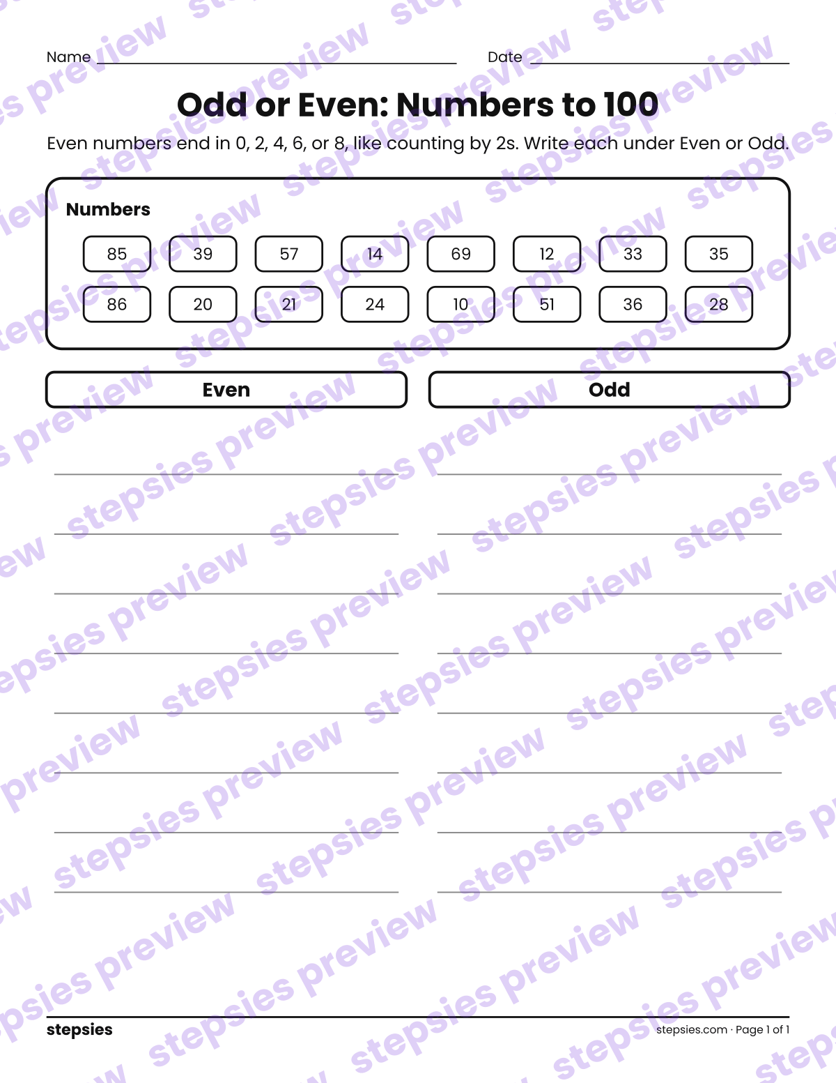 Odd or Even: Numbers to 100: page 1 of a printable Grade 2 Math worksheet