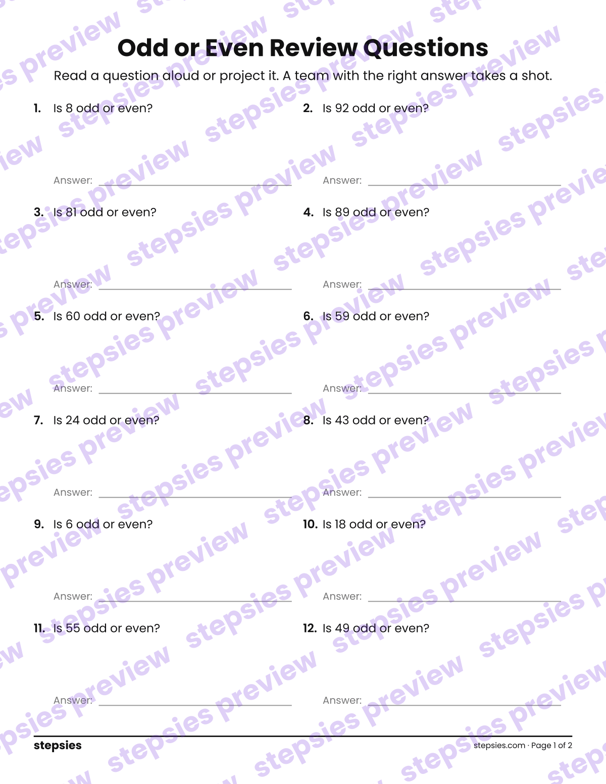 Odd or Even: Trashketball Review Questions: page 1 of a printable Grade 2 Math worksheet