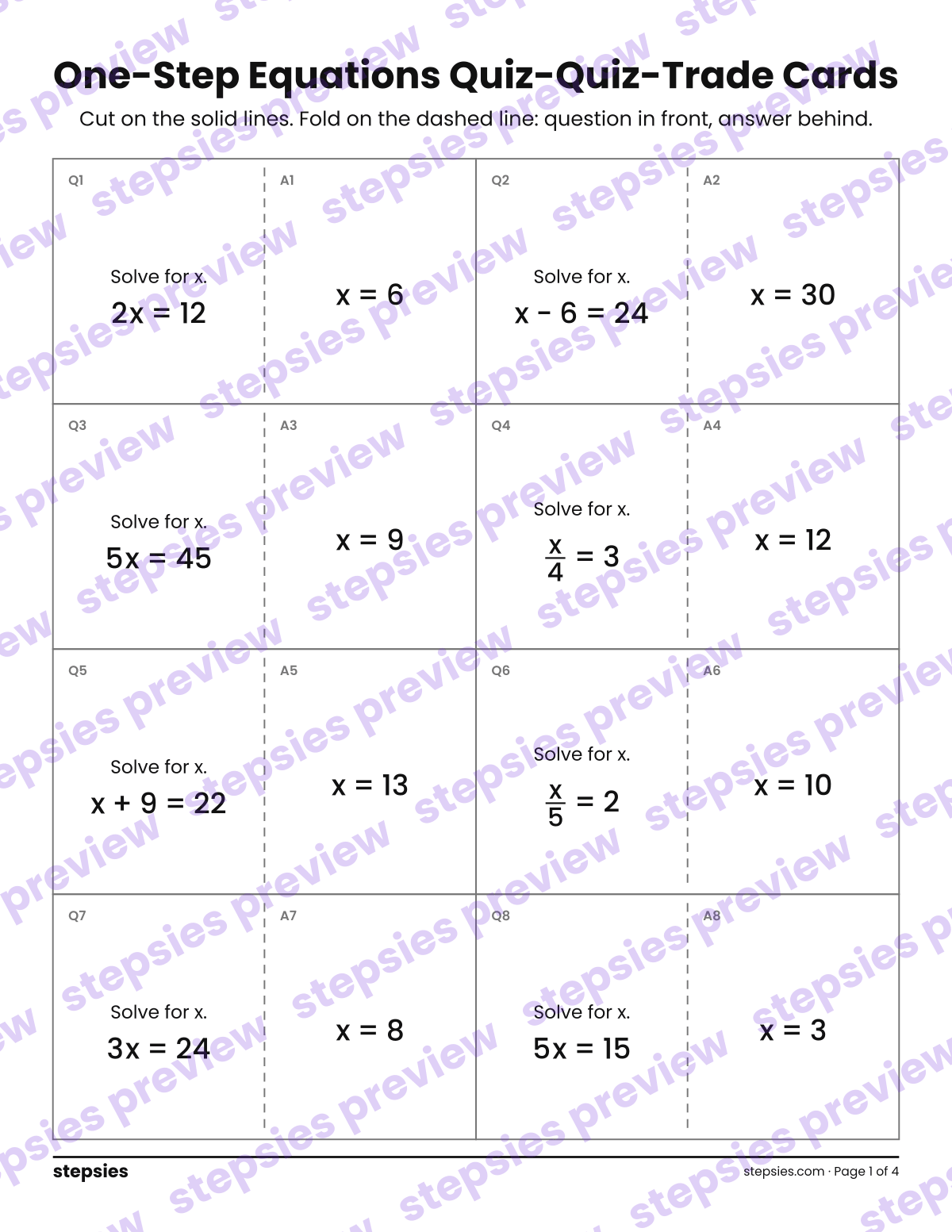 One-Step Equations: Quiz-Quiz-Trade Cards: page 1 of a printable Grade 6 Math worksheet