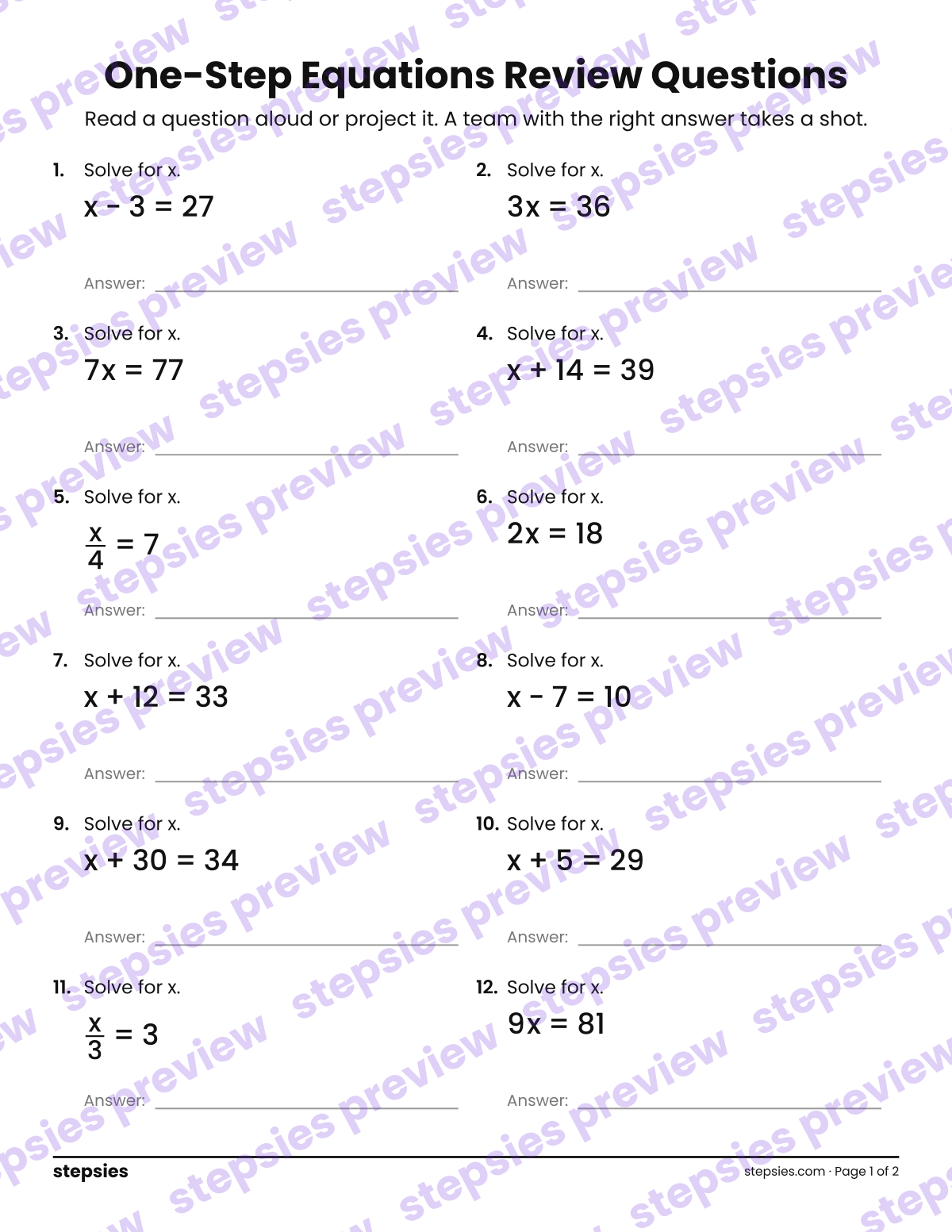 One-Step Equations: Trashketball Review Questions: page 1 of a printable Grade 6 Math worksheet