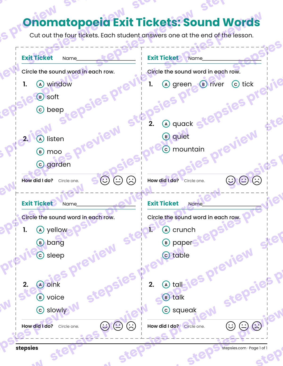 Onomatopoeia Exit Tickets: Sound Words: page 1 of a printable Grades 2 and 3 Language worksheet