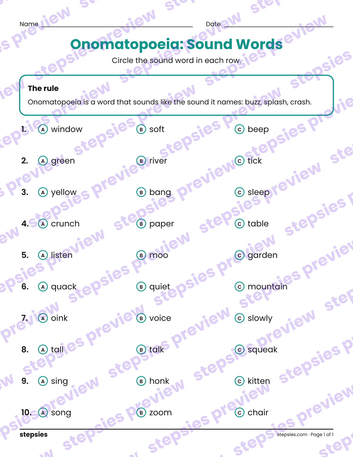 Onomatopoeia: Sound Words: page 1 of a printable Grades 2 and 3 Language worksheet