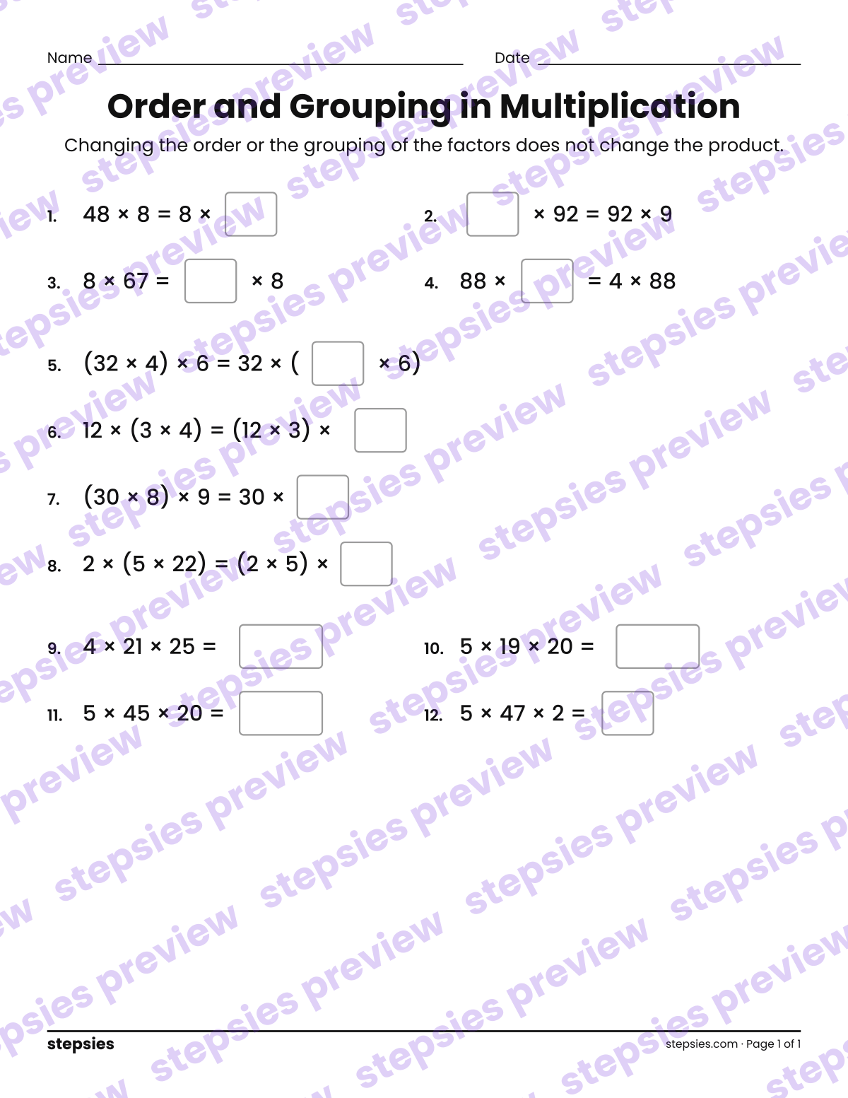 Order and Grouping in Multiplication: page 1 of a printable Grade 4 Math worksheet