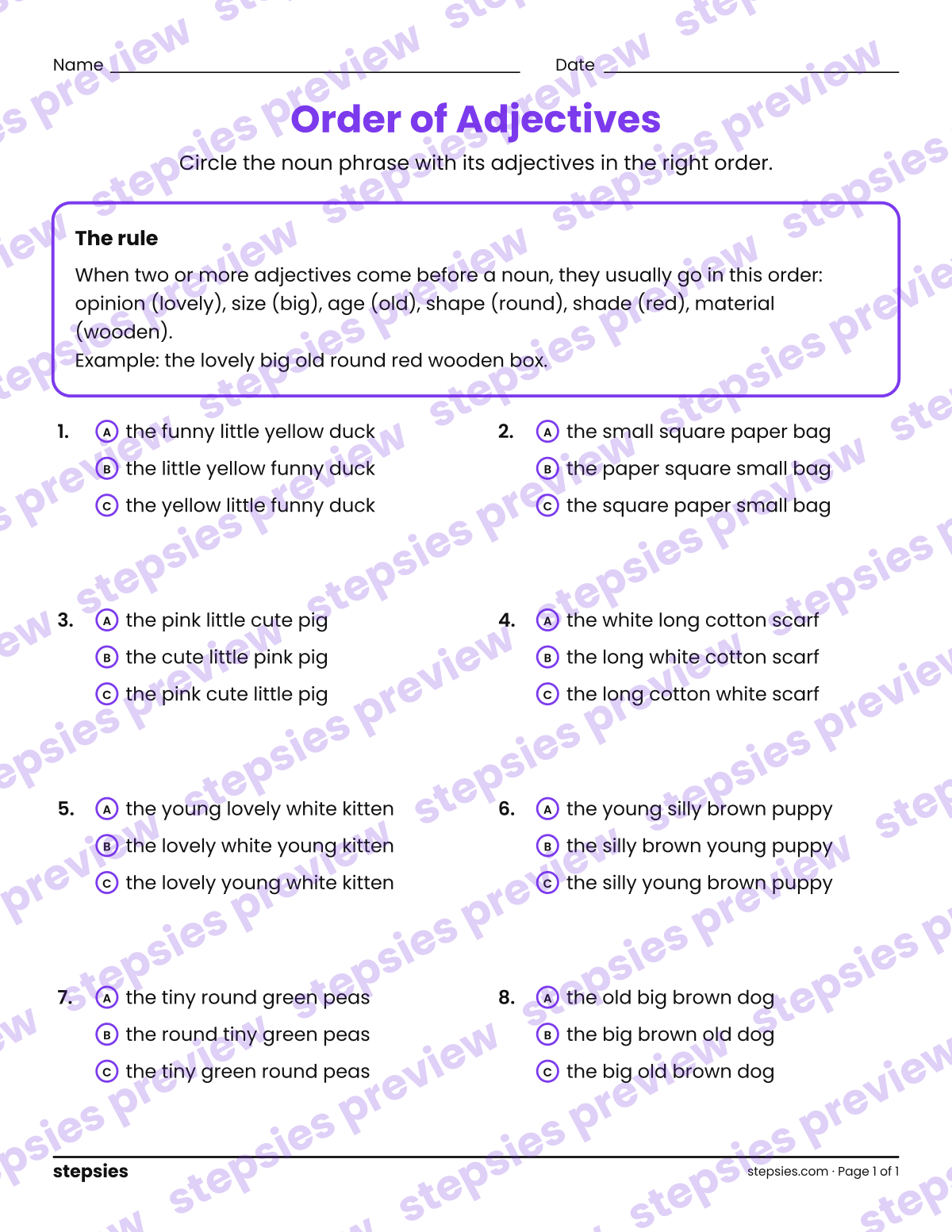 Order of Adjectives: page 1 of a printable Grade 4 Language worksheet