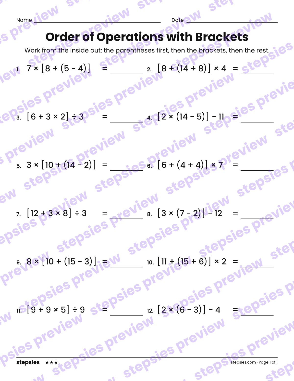 Order of Operations with Brackets: page 1 of a printable Grade 5 Math worksheet