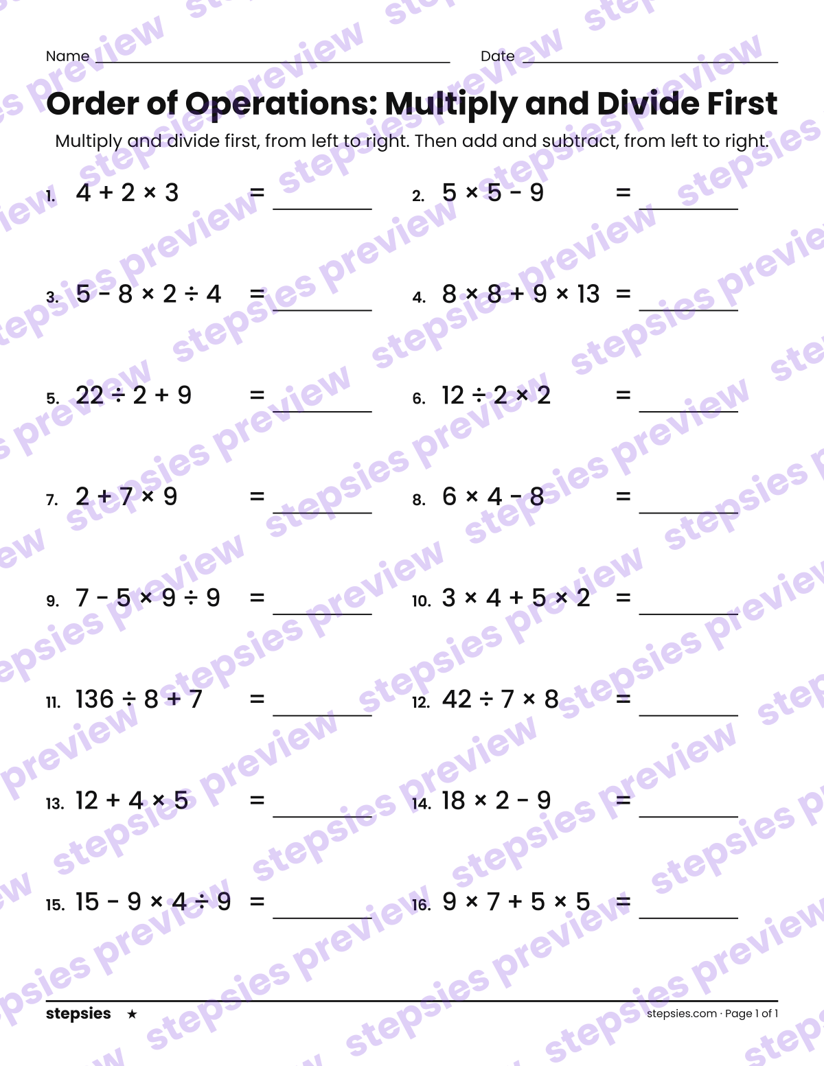 Order of Operations: Multiply and Divide First: page 1 of a printable Grade 5 Math worksheet