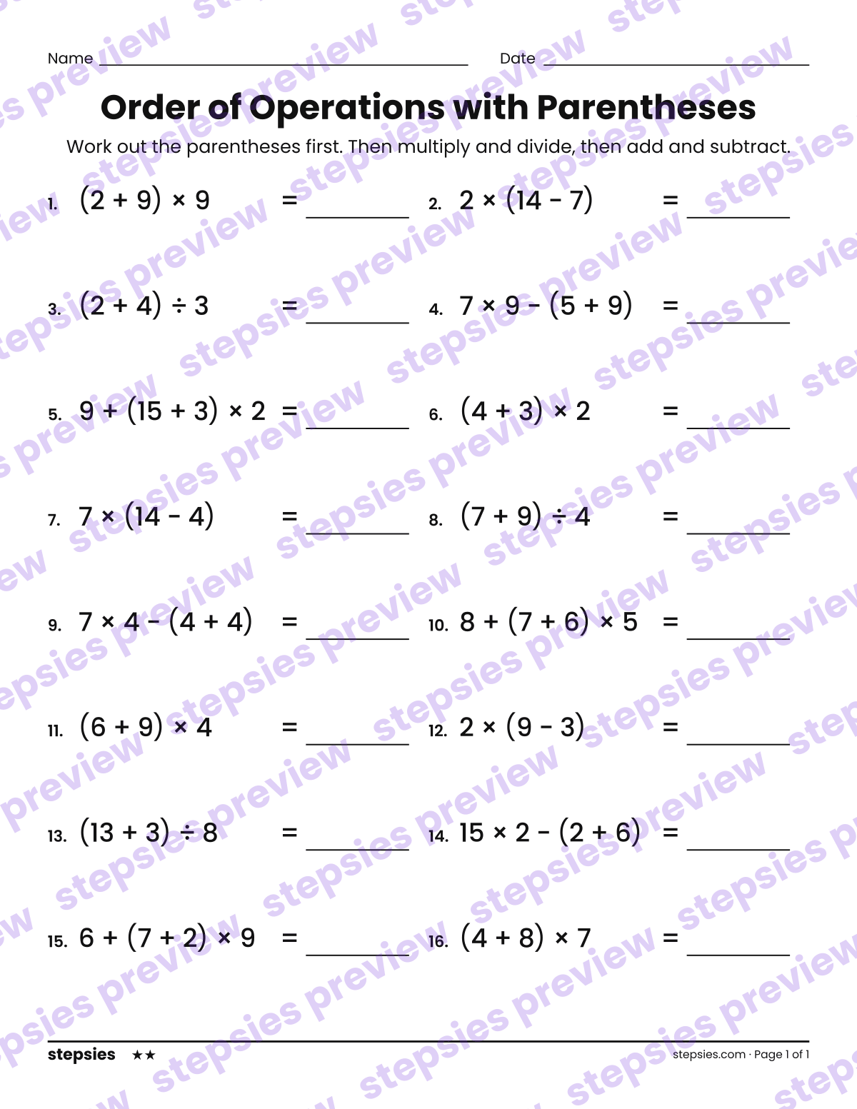 Order of Operations with Parentheses: page 1 of a printable Grade 5 Math worksheet