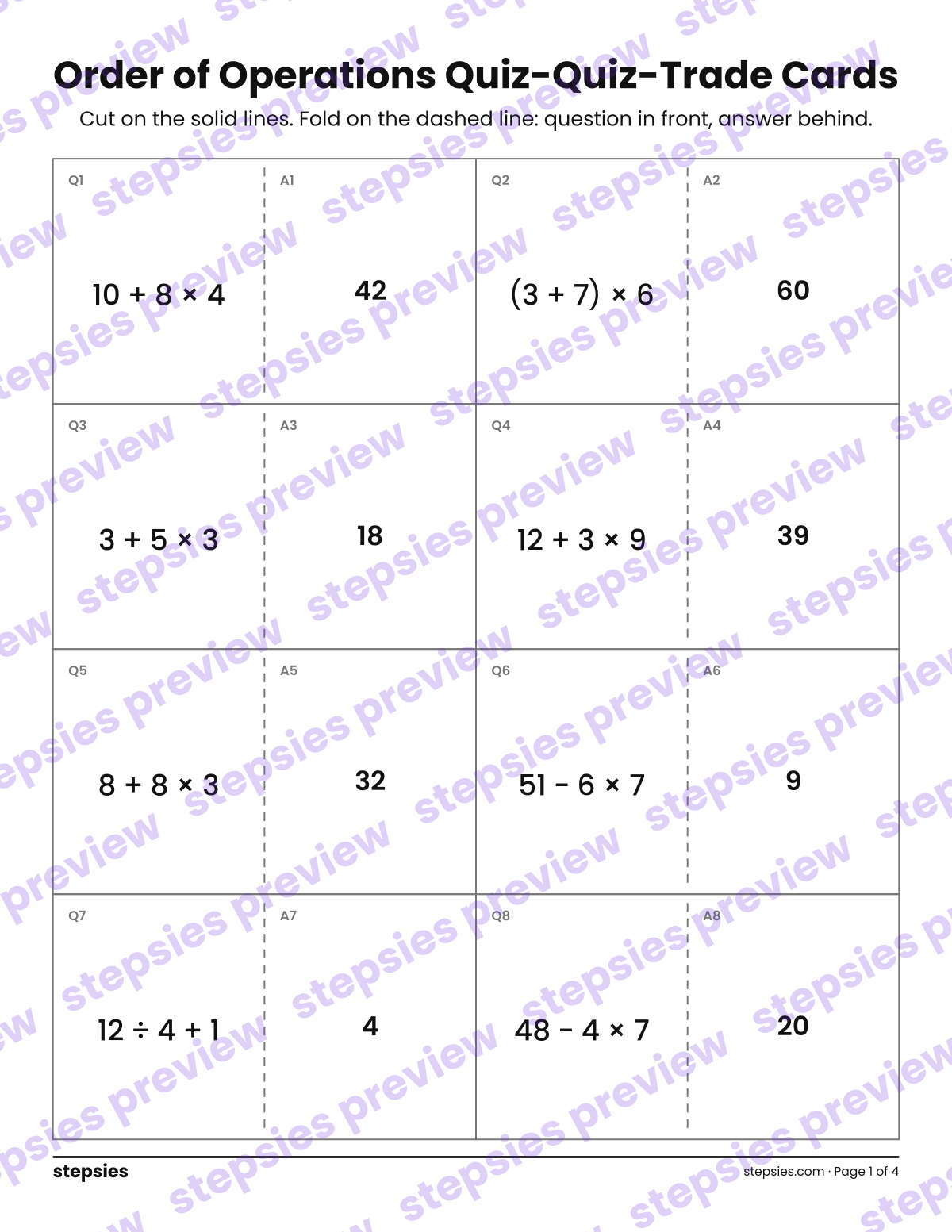 Order of Operations: Quiz-Quiz-Trade Cards: page 1 of a printable Grade 5 Math worksheet